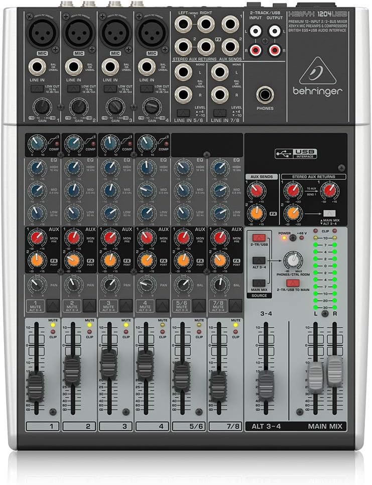 Behringer XENYX 1204USB Mixer premium a 12 ingressi 2/2-Bus con preamplificatori microfonici XENYX e compressori, EQ "britannico" e interfaccia USB/Audio