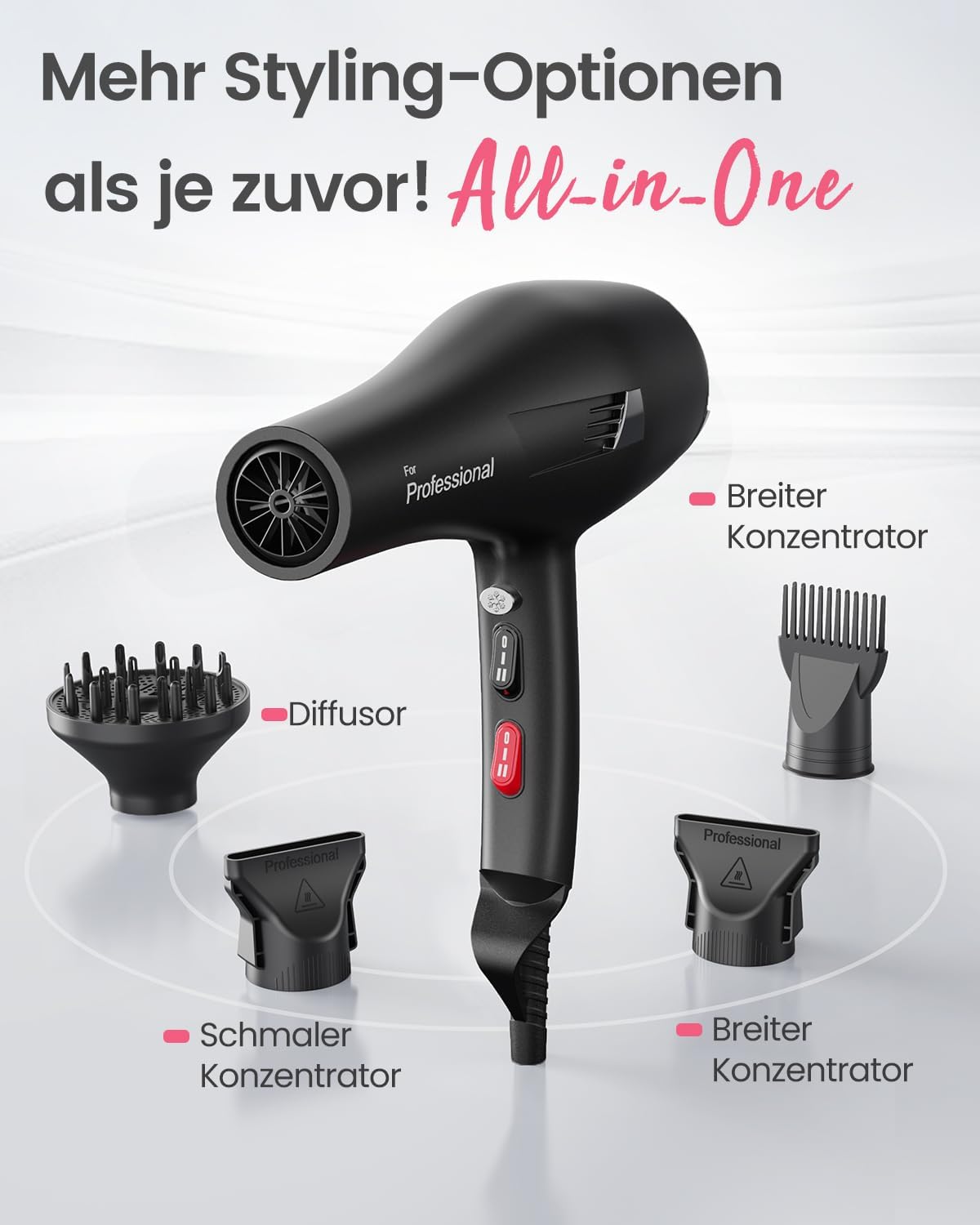Dekuri Föhn Ionen, Profi Fön Haartrockner Hair Dryer Haarföhn mit 1 Diffusor 2 Stylingdüse, 3 Heiz und 2 Geschwindigkeitsstufen, 2,5 Meter langes Netzkabel, Starker Fön für Familie (Schwarz)