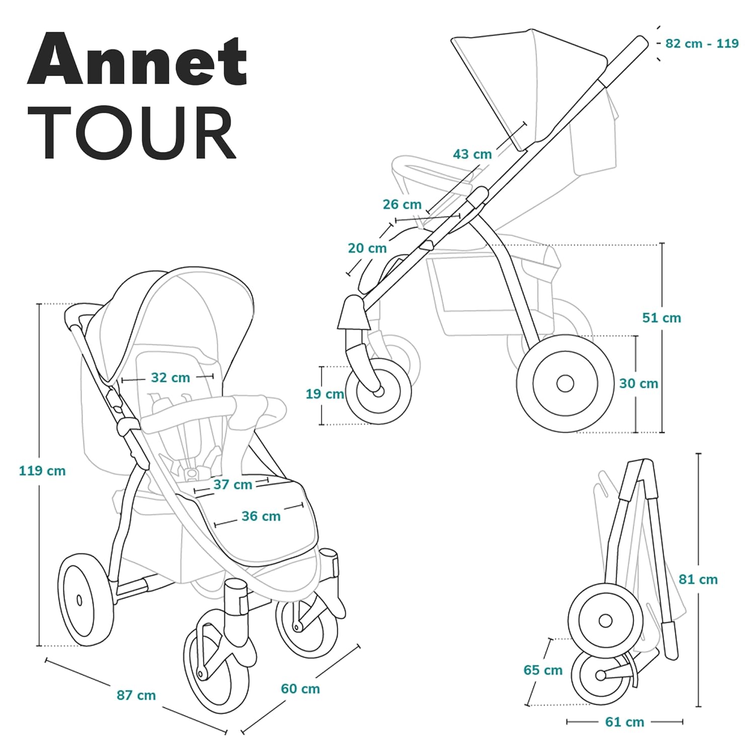 LIONELO Annet Buggy fino a 22 kg con funzione reclinabile, passeggino compatto richiudibile con accessori, ruote in schiuma EVA, zanzariera, coprigambe, portabevande, cestino (Golden Moments, Tour)