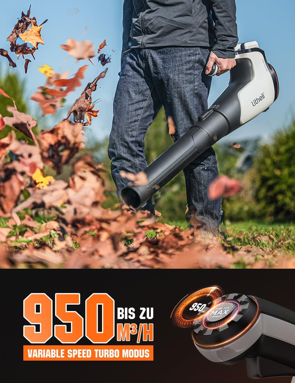 Soffiatore per foglie a batteria Litheli, soffiatore per foglie brushless con turbocompressore, velocità dell'aria 180 km/h - portata d'aria 15,85 m³/min, con batteria, adatto per la cura del giardino, la cura del prato e lo sgombero della neve.