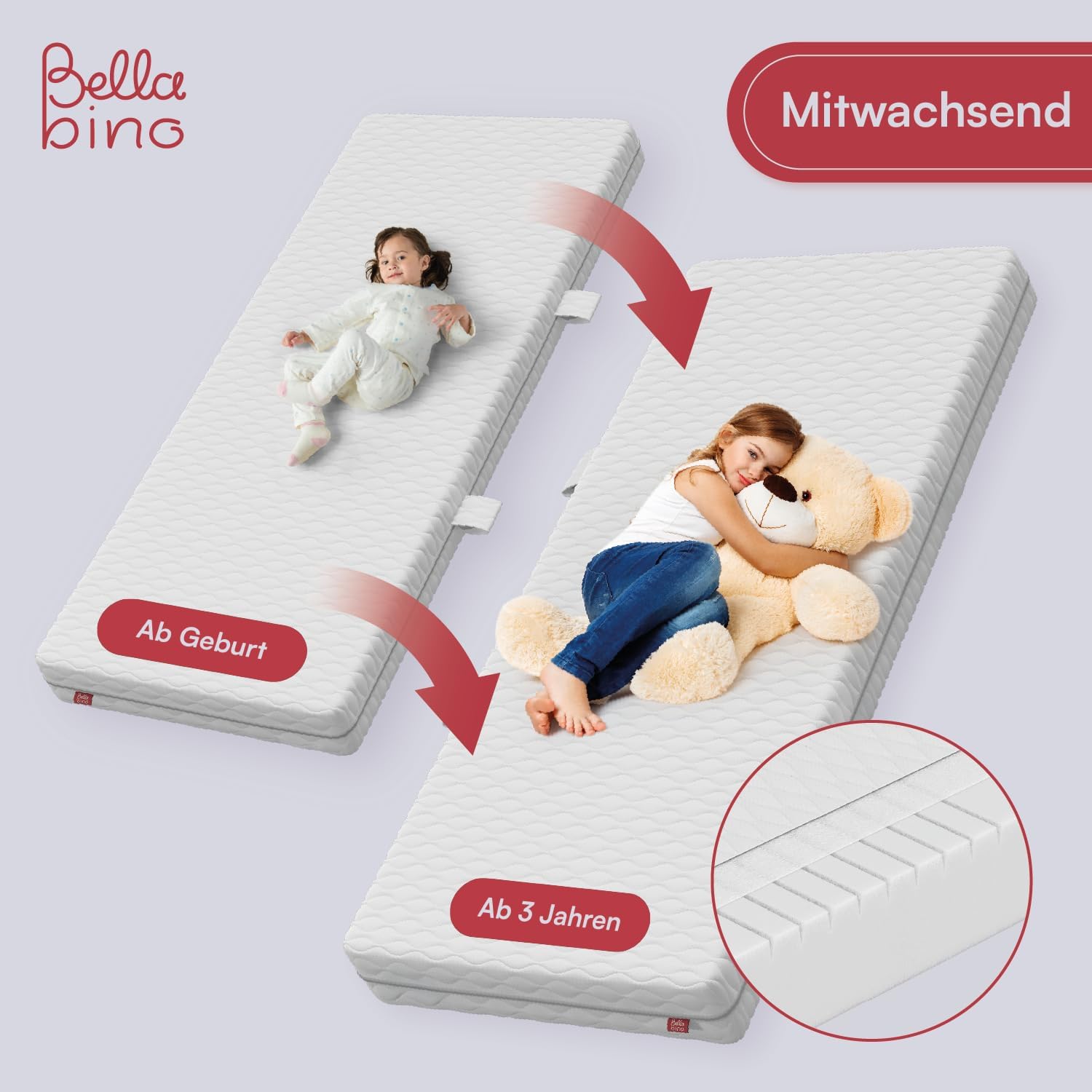 Bellabino Lettino per bambini Bia 140x200 cm, letto a capanna per bambini con protezione anticaduta e rete a doghe arrotolabile, letto a terra Montessori bianco in legno massello di pino
