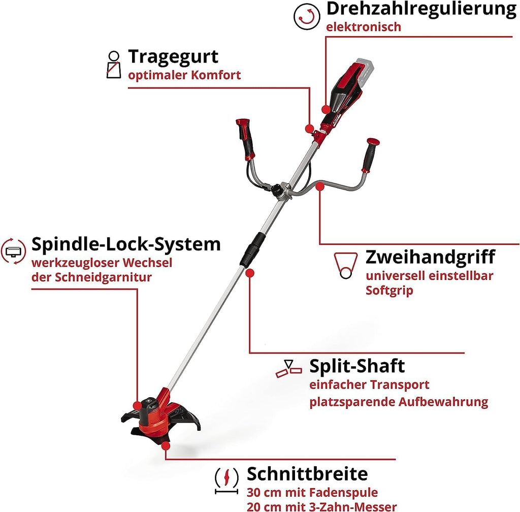 Decespugliatore a batteria Einhell AGILLO 18/200 Power X-Change (Ioni di litio, 18V, 7.500 giri/min., filo con alimentazione automatica/lama a 3 denti, motore anteriore, impugnatura a manubrio, senza batteria e caricabatteria)