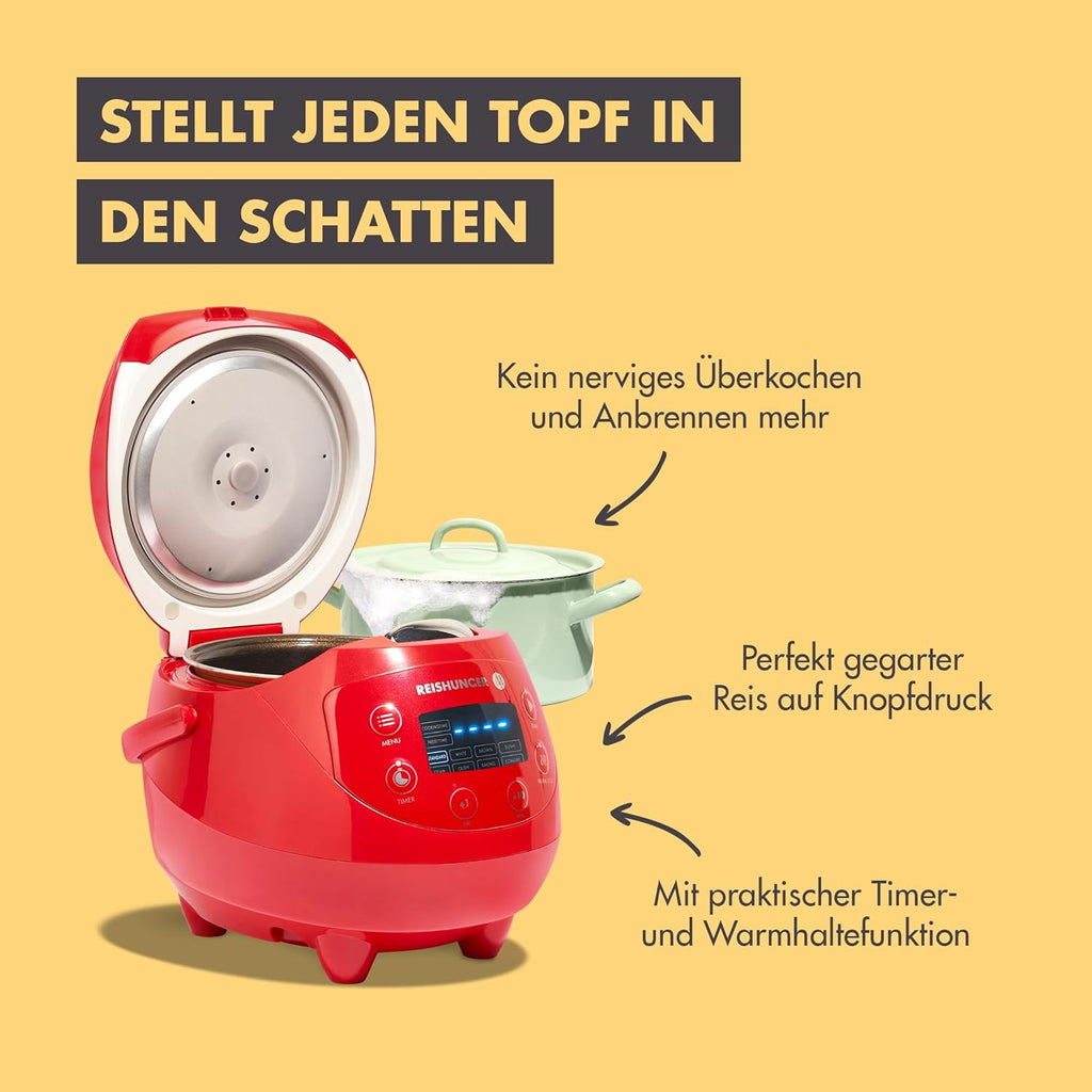 REISHUNGER Cuociriso digitale piccolo, nero | Da 0,6 L fino a 3 persone | Funzione mantenimento calore, timer e pentola premium | Multicooker e vaporiera piccoli, 8 programmi, tecnologia a 7 fasi