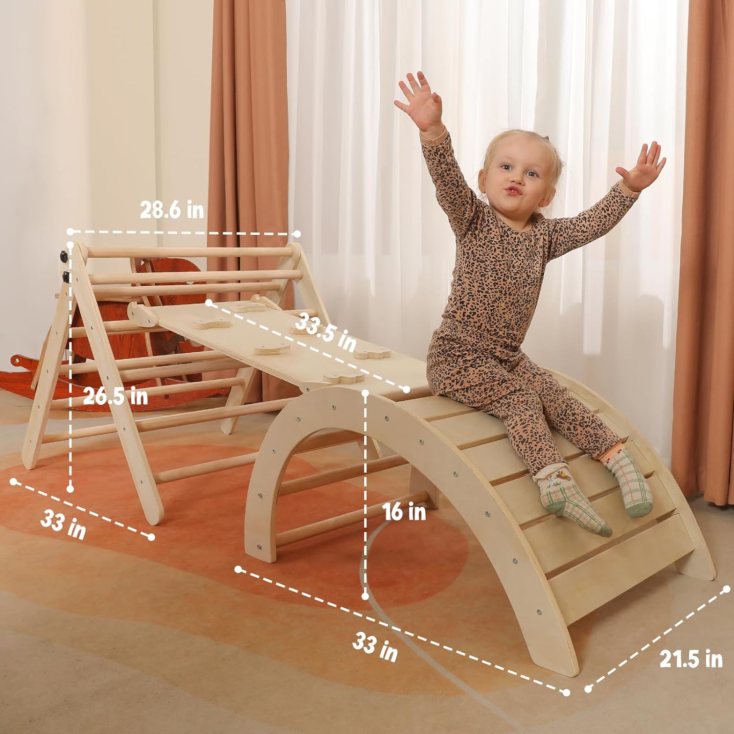 Set di triangoli con cuscino, set da arrampicata Montessori 5 in 1 pieghevole, set da gioco per interni per bambini piccoli, giocattolo da arrampicata in legno con rampa e arco da arrampicata per bambini (colore legno)