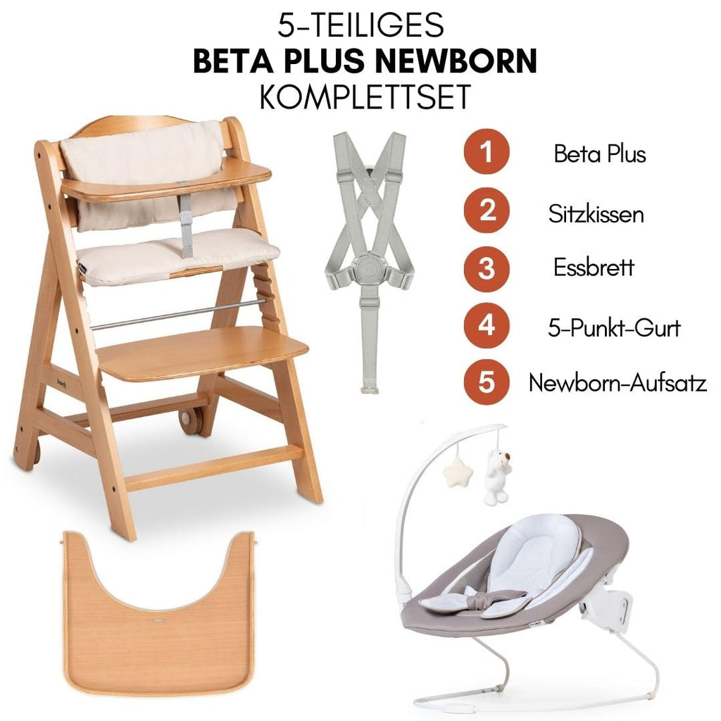 Hauck Seggiolone Beta+ Newborn Set Deluxe - Set Seggiolone Pappa dalla Nascita con Sdraietta Neonato, Cuscino e Vassoio - Naturale