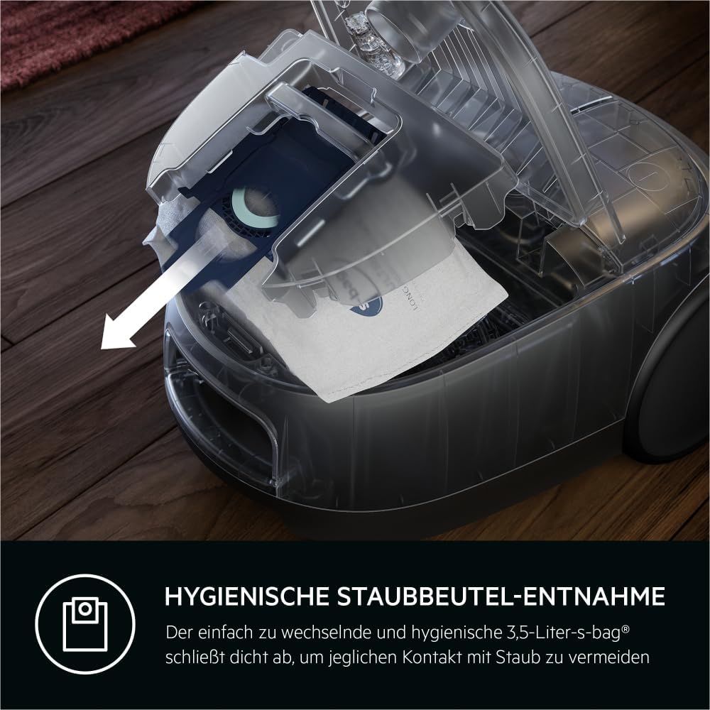 AEG CLEAN 6000 AB61C2DB Aspirapolvere con sacco / elevata potenza di aspirazione / include bocchetta per imbottiti / 50% plastica riciclata / ideale per proprietari di animali domestici / pulizia di tappezzeria / cavo da 12 m / 750 W / Blu