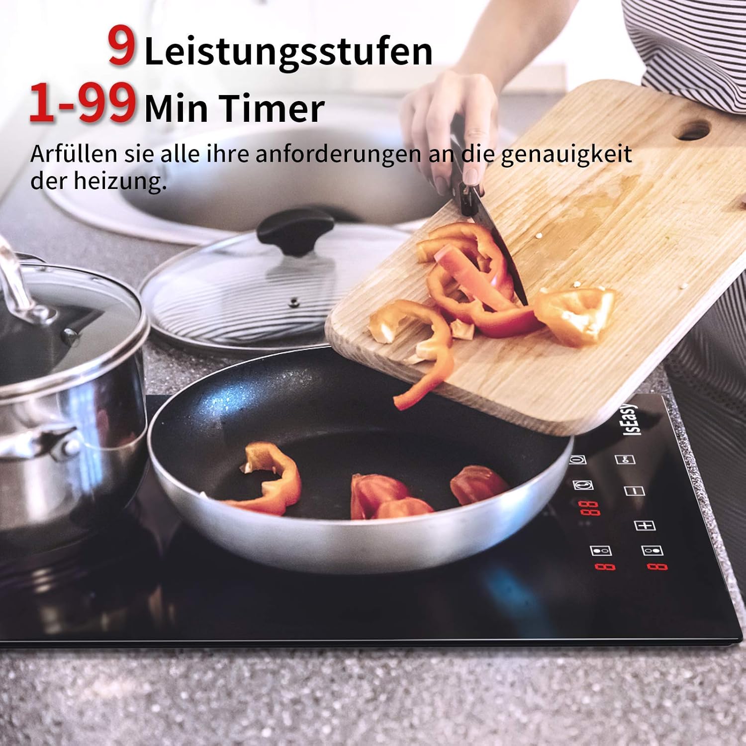 IsEasy 4 Zonen Einbau Induktionskochfeld mit 9 Leistungsstufen &1-99Min Timer, Boost-Funktion, Induktionskochplatte, Induktion Herdplatte mit 4 Platten, 60cm, 6800W, Schwarz