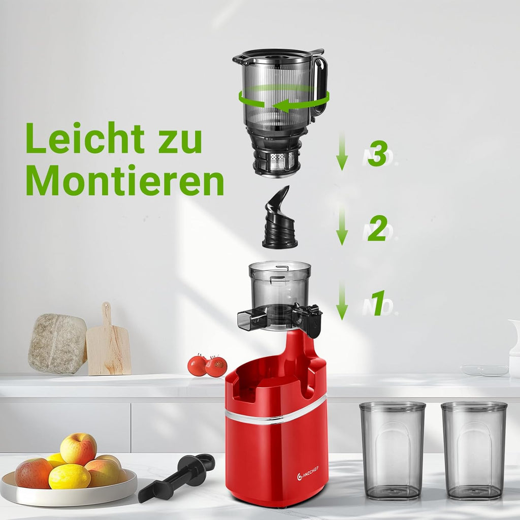 AMZCHEF Estrattore di Succo Automatico Tutto in Uno, Apertura da 135MM e Spremiagrumi da 1,8L per Frutta e Verdura, Estrattore di Succo Lento 250W Vincitore del Test con Triplo Filtro - Nero