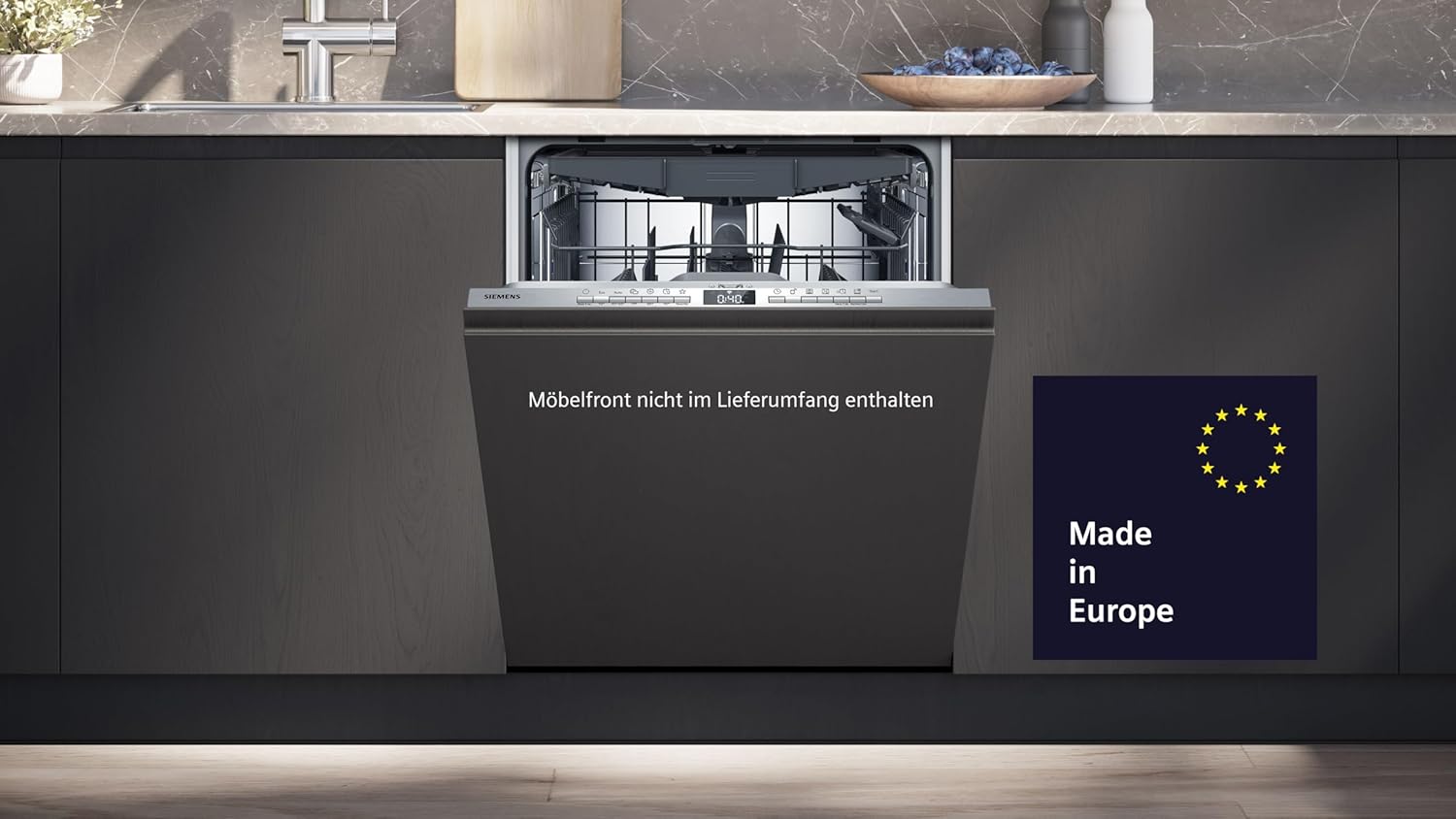 Siemens SN43ES14VE, lavastoviglie intelligente iQ300, lavastoviglie da incasso con cassetto portaposate, 60 cm, apertura automatica della porta grazie ad autoOpen dry, particolarmente silenziosa con motore iQdrive, aquaStop, acciaio inossidabile
