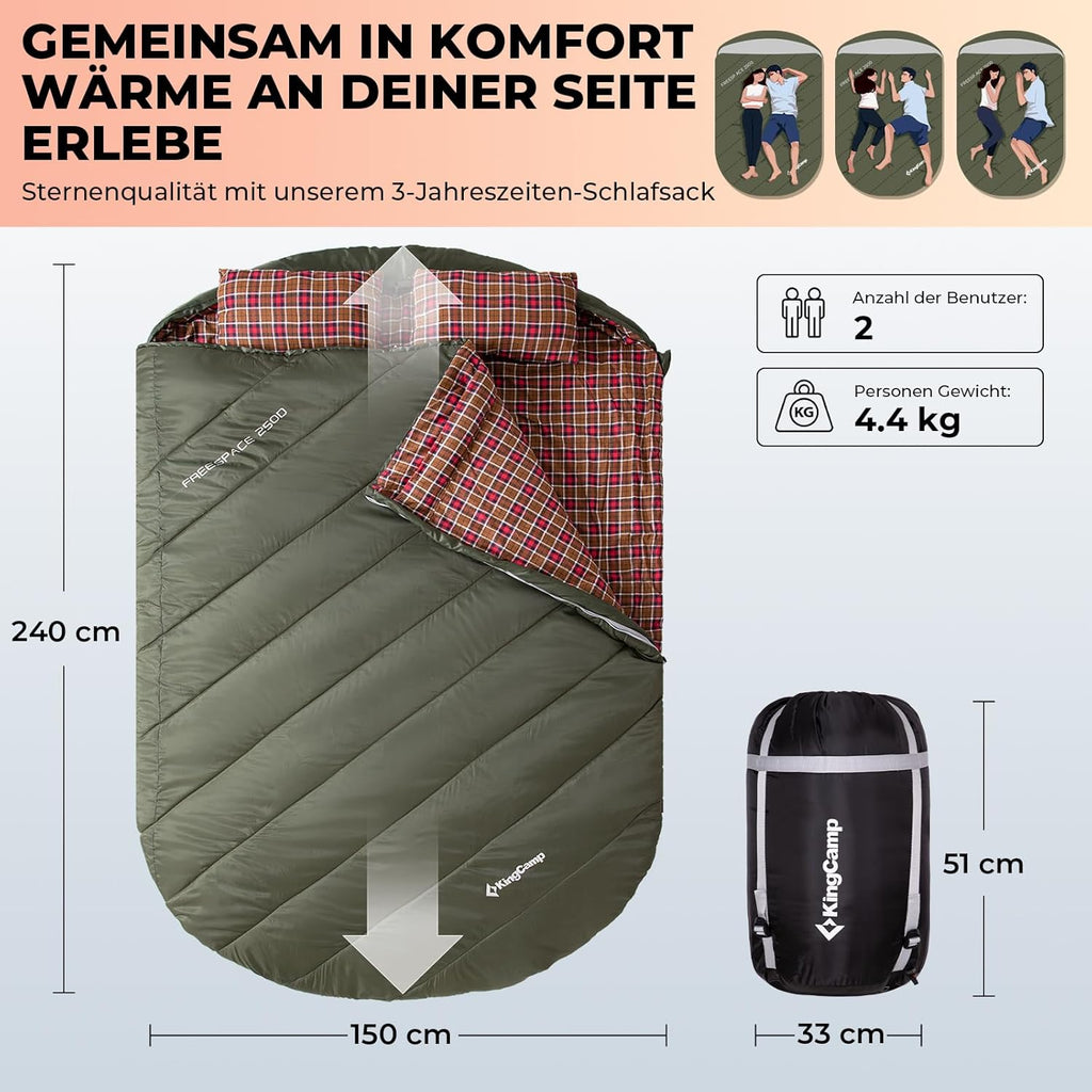 KingCamp Doppelschlafsack Flanell, Schlafsack 2 Personen, Schlafsack 3-4 Jahreszeiten, wasserfest, warm und komfortabel, verpackbar Schlafsack Outdoor