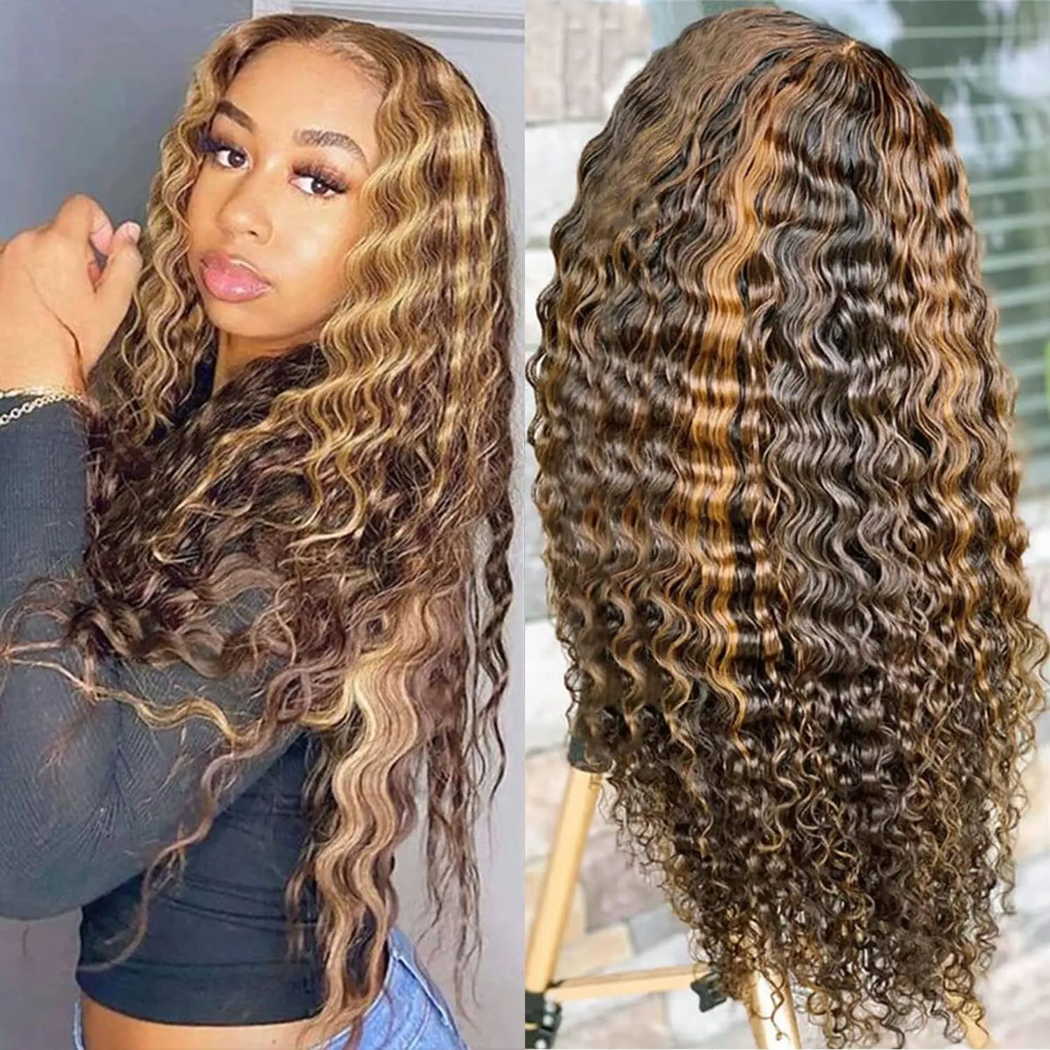 Parrucche in capelli umani biondo miele con mèches | Onda profonda 13x4 con pizzo HD