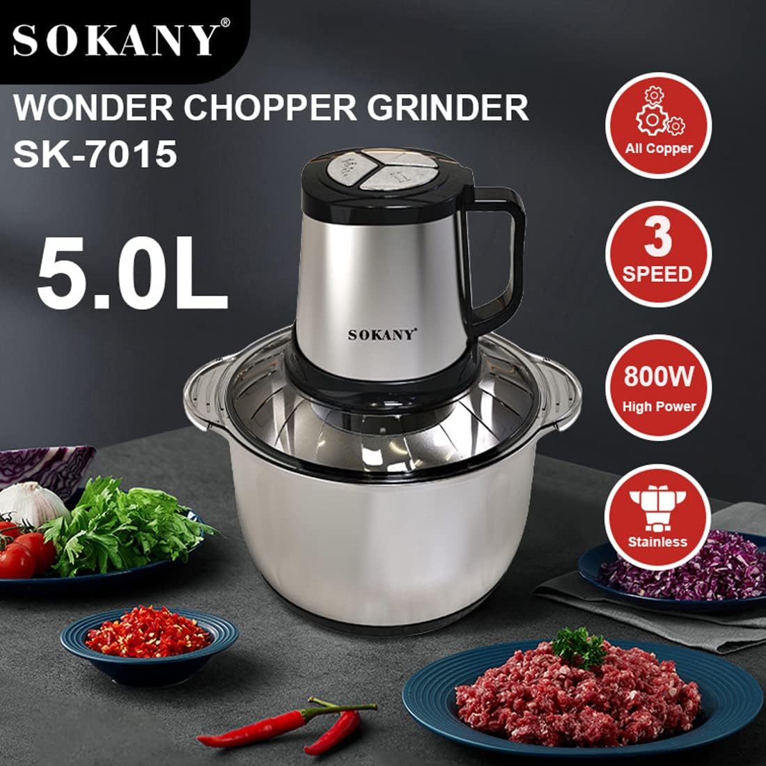 SOKANY Tritacarne Elettrico da Cucina 1500W con Ciotola in Acciaio Inox da 6,5L, Tritatutto con 3 Livelli di Velocità, Robot da Cucina con 4 Lame per Carne, Cipolle, Frutta, Verdura