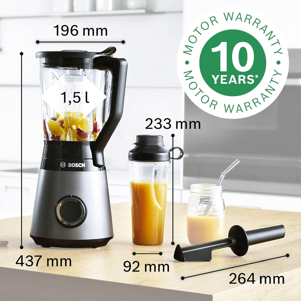 Bosch Standmixer VitaPower Serie 4 MMB6174SN, verbesserte Version, hochwertige Edelstahl-Klingen, 1,5l Glasbehlter, 0,6l To-Go-Flasche, spülmaschinenfeste Teile, 30.000 U/min, 1200 W, silber