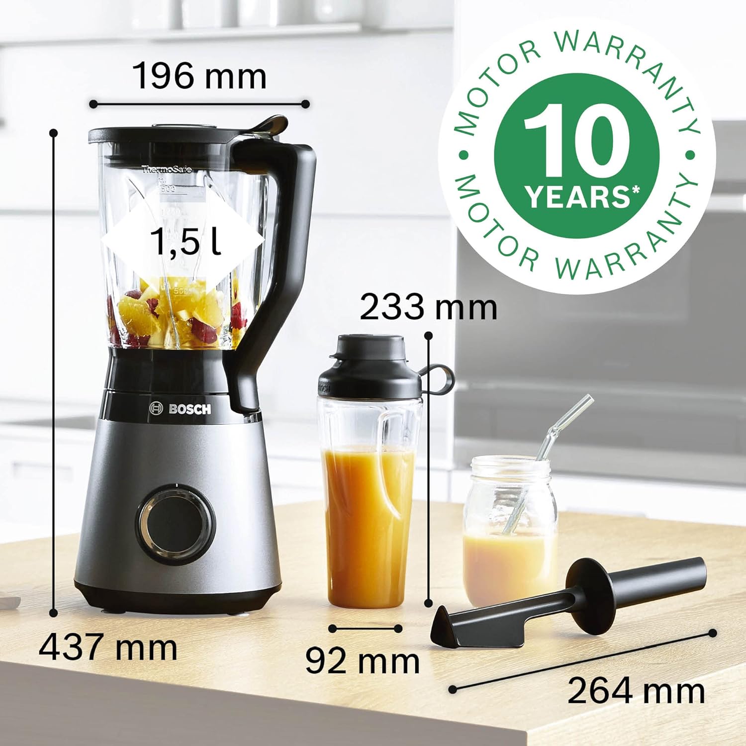 Bosch Standmixer VitaPower Serie 4 MMB6174SN, verbesserte Version, hochwertige Edelstahl-Klingen, 1,5l Glasbehlter, 0,6l To-Go-Flasche, spülmaschinenfeste Teile, 30.000 U/min, 1200 W, silber