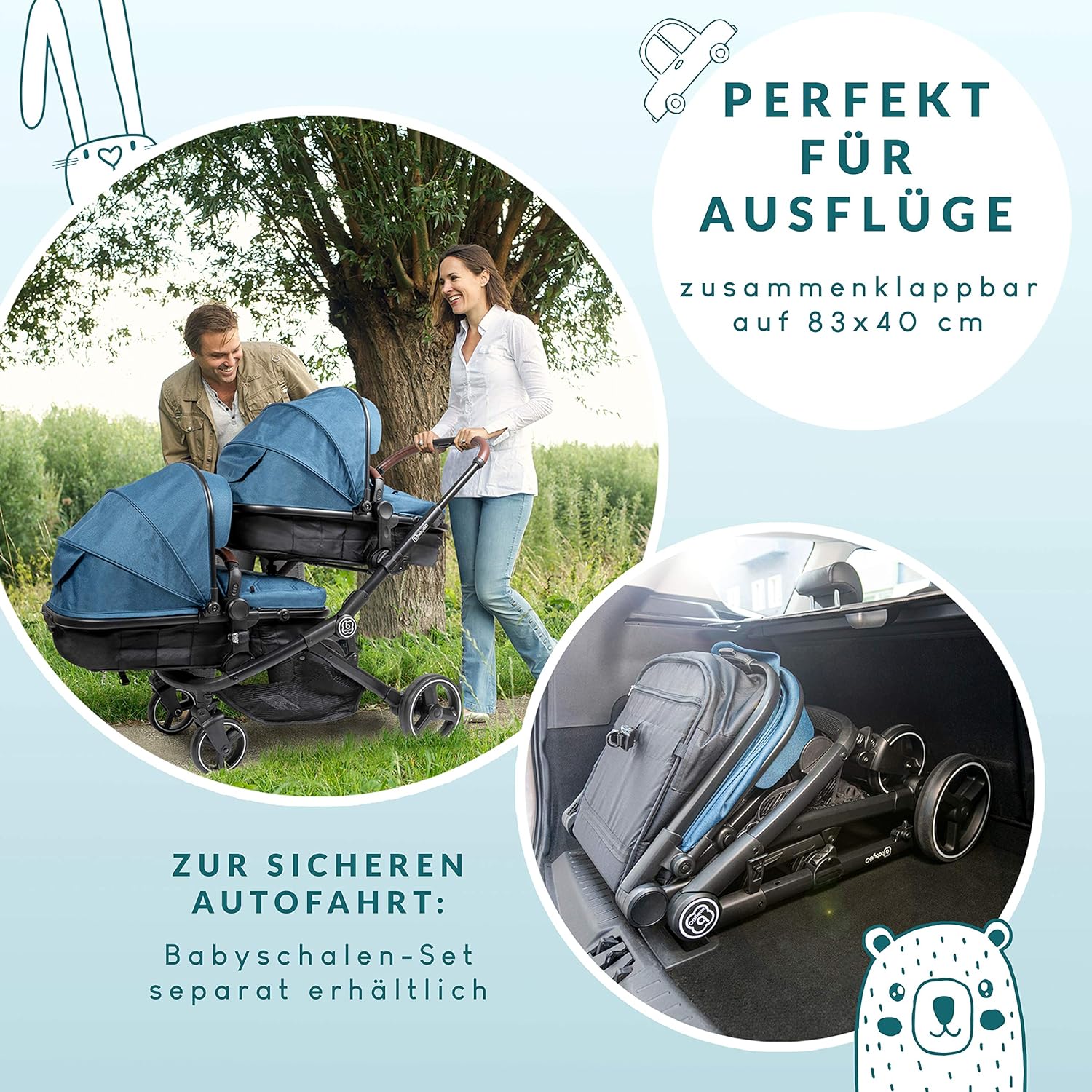 babyGO Passeggino 3 in 1 per gemelli - Passeggino fratellare/Passeggino per fratelli per neonati - Passeggino gemellare/Passeggino per 2 bambini con molti accessori (Blu Melange-senza ovetto)