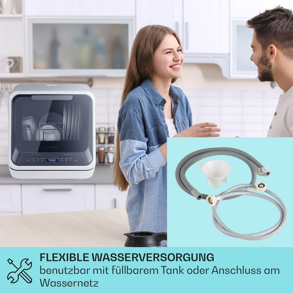 Klarstein ia Mini Lavastoviglie, lavastoviglie con spazio per 2 coperti, 6 programmi, richiede 5 litri d'acqua, display a LED, touch, lavastoviglie da tavolo incl. accessori, nero