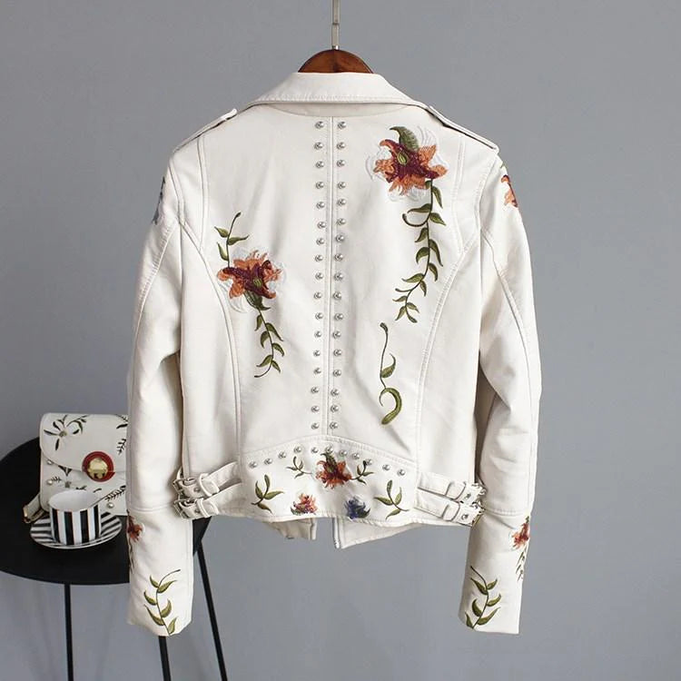 Floral leather jacket with artisanal detailing