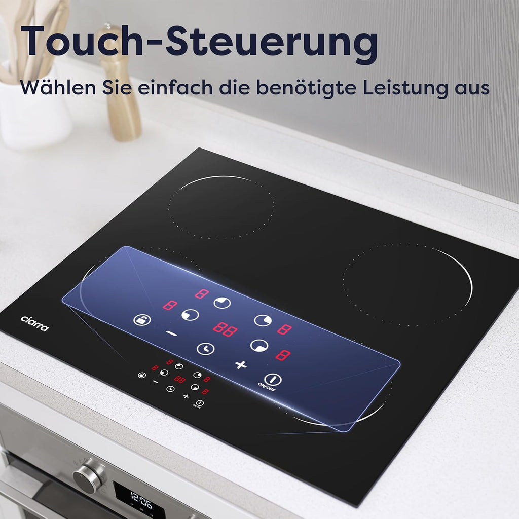 Ciarra CABBIH4-C 4 Zonen Einbau Induktionskochfeld 60cm Kochfeld Induktion Herdplatte Touch-Bedienung mit 4 Platten 9 Leistungsstufen Induktionskochplatte Timer 6000W