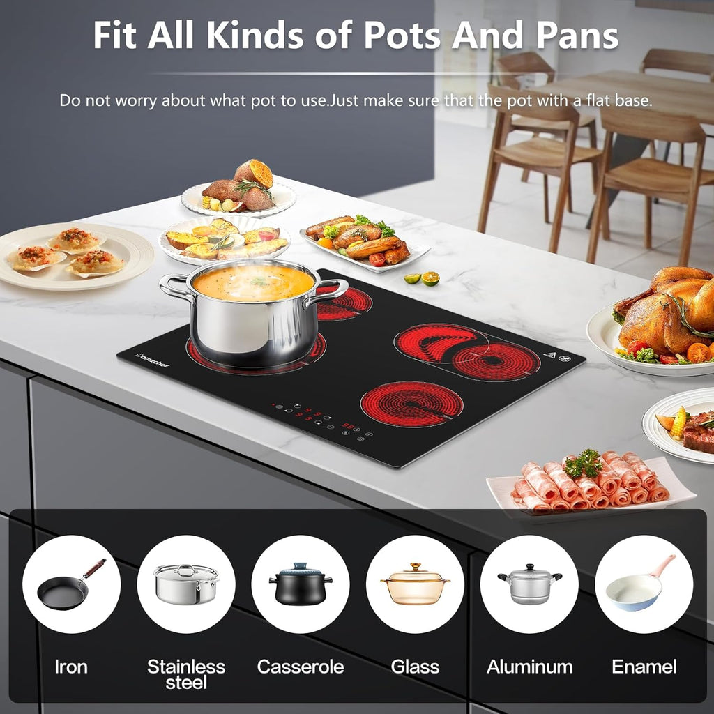 AMZCHEF Induktionskochfeld 60cm mit Zwei Flexzonen, 4 Zonen Induktionskochplatte mit Boost-Funktion und 9 Leistungsstufen, Touch-Bedienung, Timer, Sicherheitsschloss, Überhitzungsschutz, BBQ, 7200W