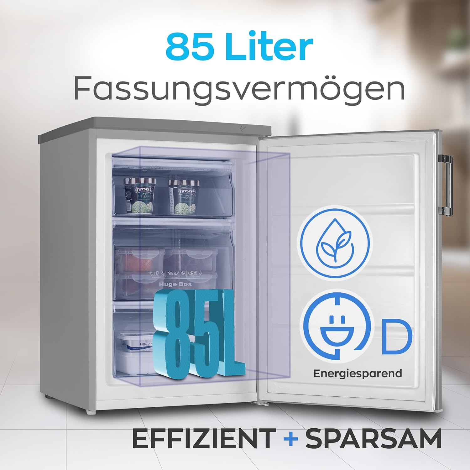 Congelatore Heinrich 61 litri -18°C, 3 cassetti congelatore, regolatore temperatura a 7 livelli, Airflow, porta reversibile, bianco