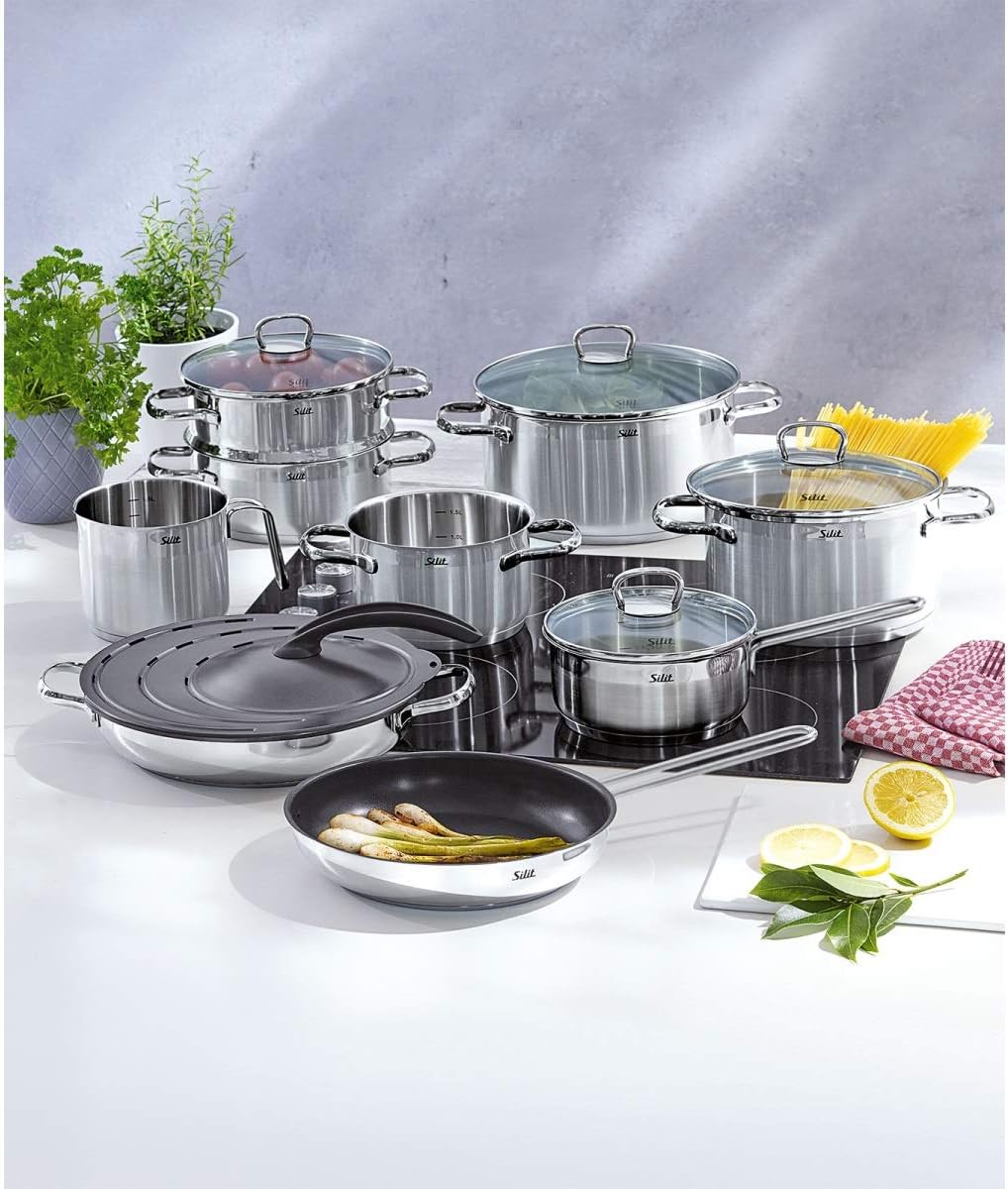Silit Toskana Set di pentole 10 pezzi, adatto all'induzione, Set di pentole con coperchio in vetro, Pentole a induzione, Bollilatte, Vaporiera, Padella, Acciaio inossidabile parzialmente opaco, Set di pentole a induzione non rivestite