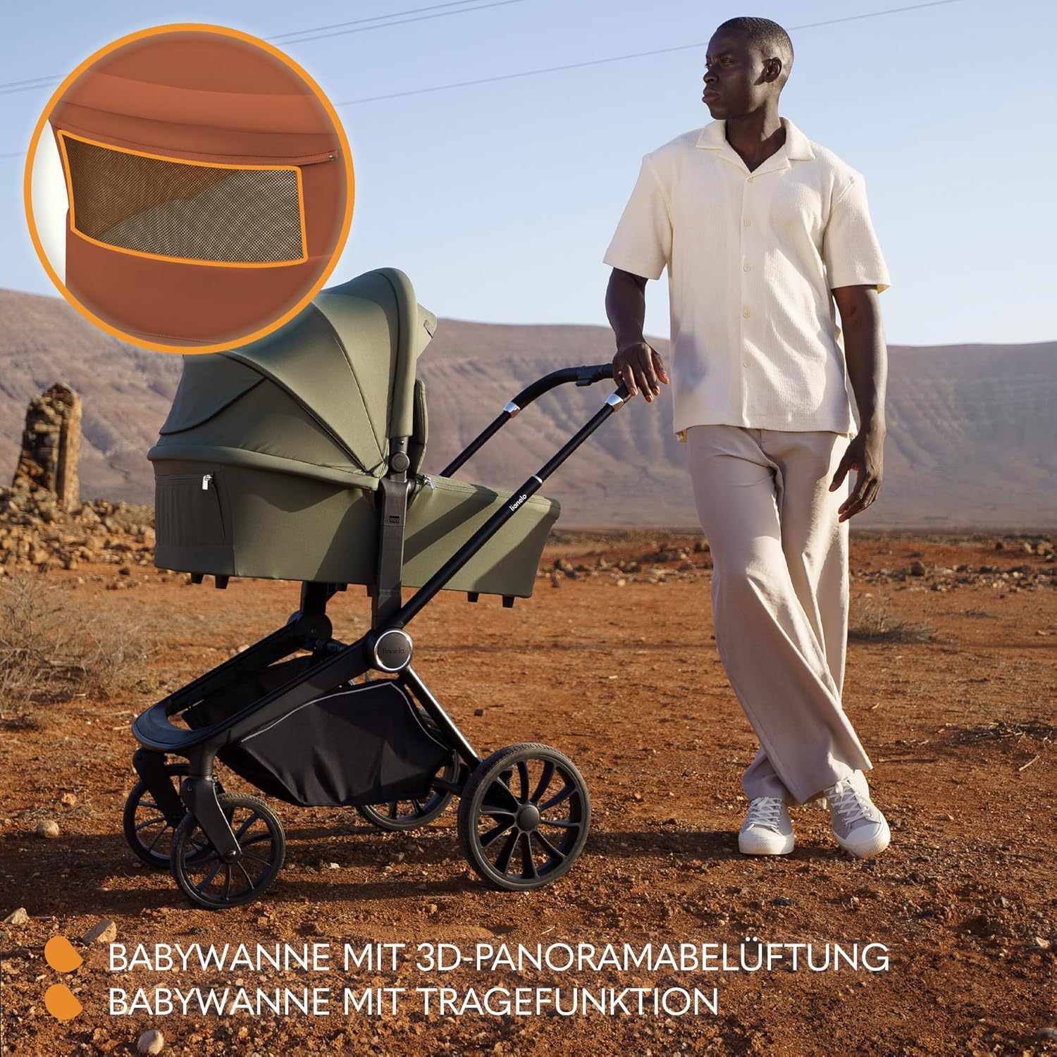 Passeggino LIONELO MIKA PLUS 3-in-1, da 0 a 48 mesi, fino a 22 kg, navicella fino a 9 kg, seggiolino auto fino a 13 kg, schienale regolabile, ammortizzazione, ruote a 360°, cappottina XXL