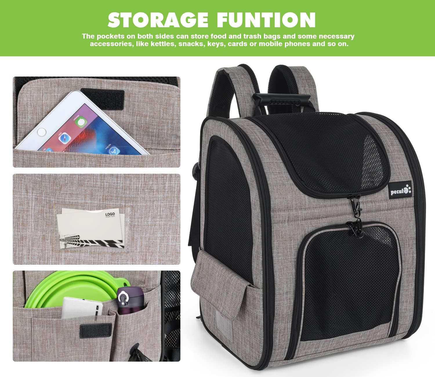 pecute Haustier Rucksack mit Netzfenster, Tragbare und Faltbare Katzentasche, Atmungsaktive und Leichte Hundetasche, Wasserdichtes Oxford-Tuch mit Viel Platz, Multifunktionales Rutschfestes Grau XL