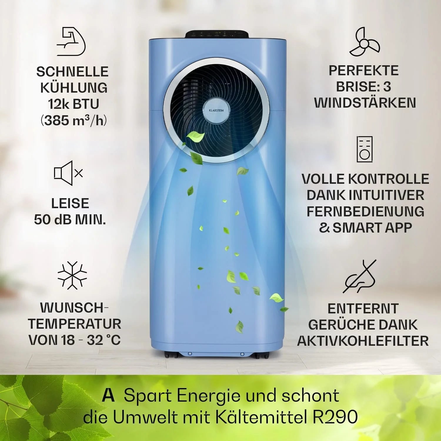 Klarstein Condizionatore Portatile 5-in-1 con Tubo di Scarico, Ventilatore, Deumidificatore, Purificatore d'Aria e Modalità Notturna, Controllo tramite App, Piccolo e Portatile, per Casa e Ufficio, 12000 BTU