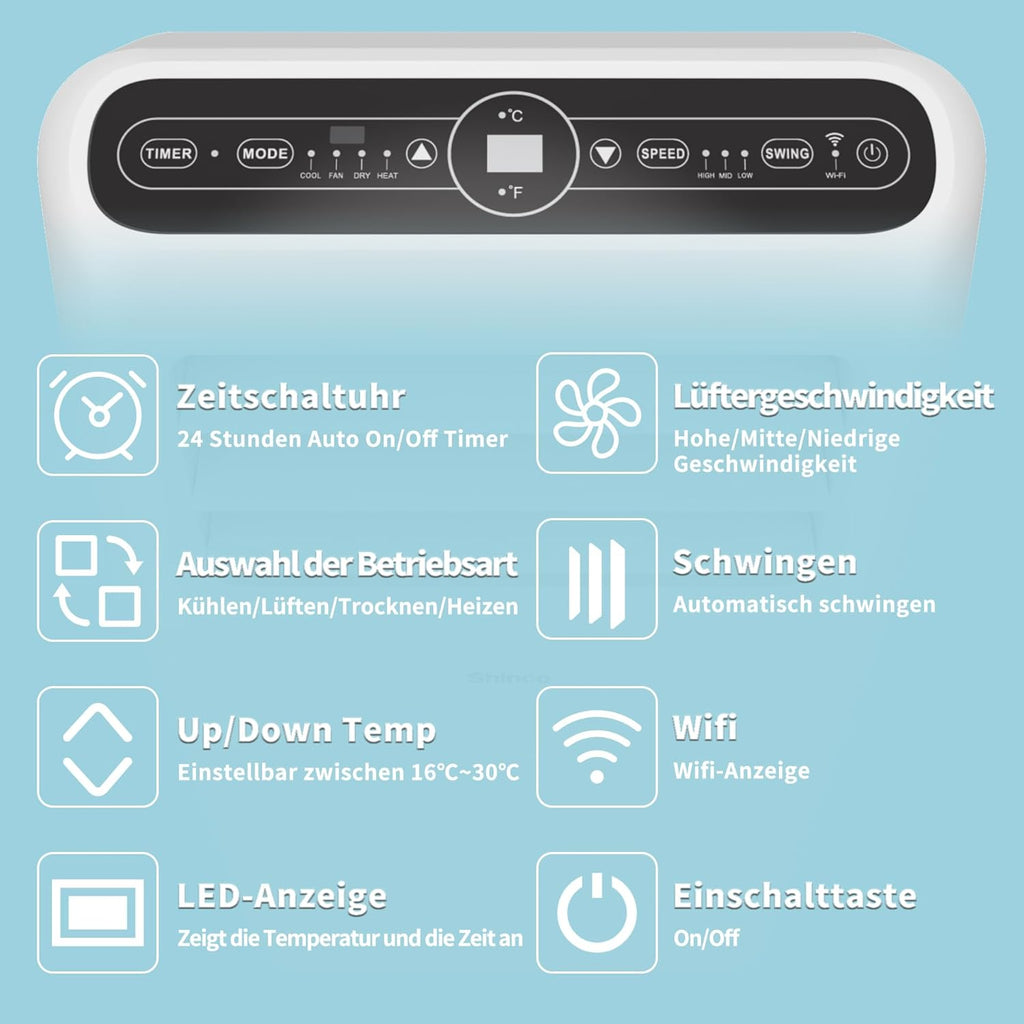 SHINCO Condizionatore Portatile con Tubo di Scarico, Climatizzatore 3-in-1 con Deumidificatore e Ventilatore, 7000BTU, 2,05 kW, Condizionatore Mobile con Modalità Notturna, Timer e Materiale di Montaggio, Ambienti Fino a 54m