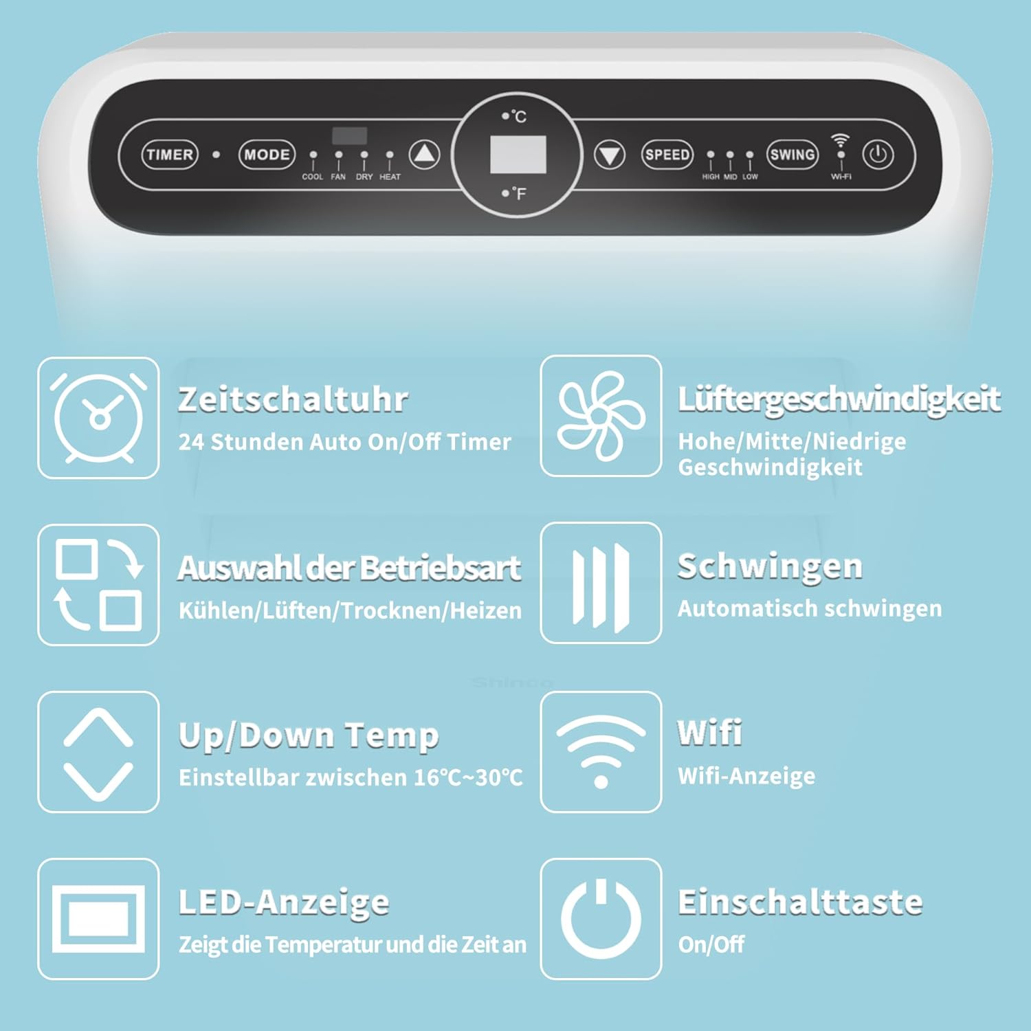SHINCO Condizionatore Portatile con Tubo di Scarico, Climatizzatore 3-in-1 con Deumidificatore e Ventilatore, 7000BTU, 2,05 kW, Condizionatore Mobile con Modalità Notturna, Timer e Materiale di Montaggio, Ambienti Fino a 54m