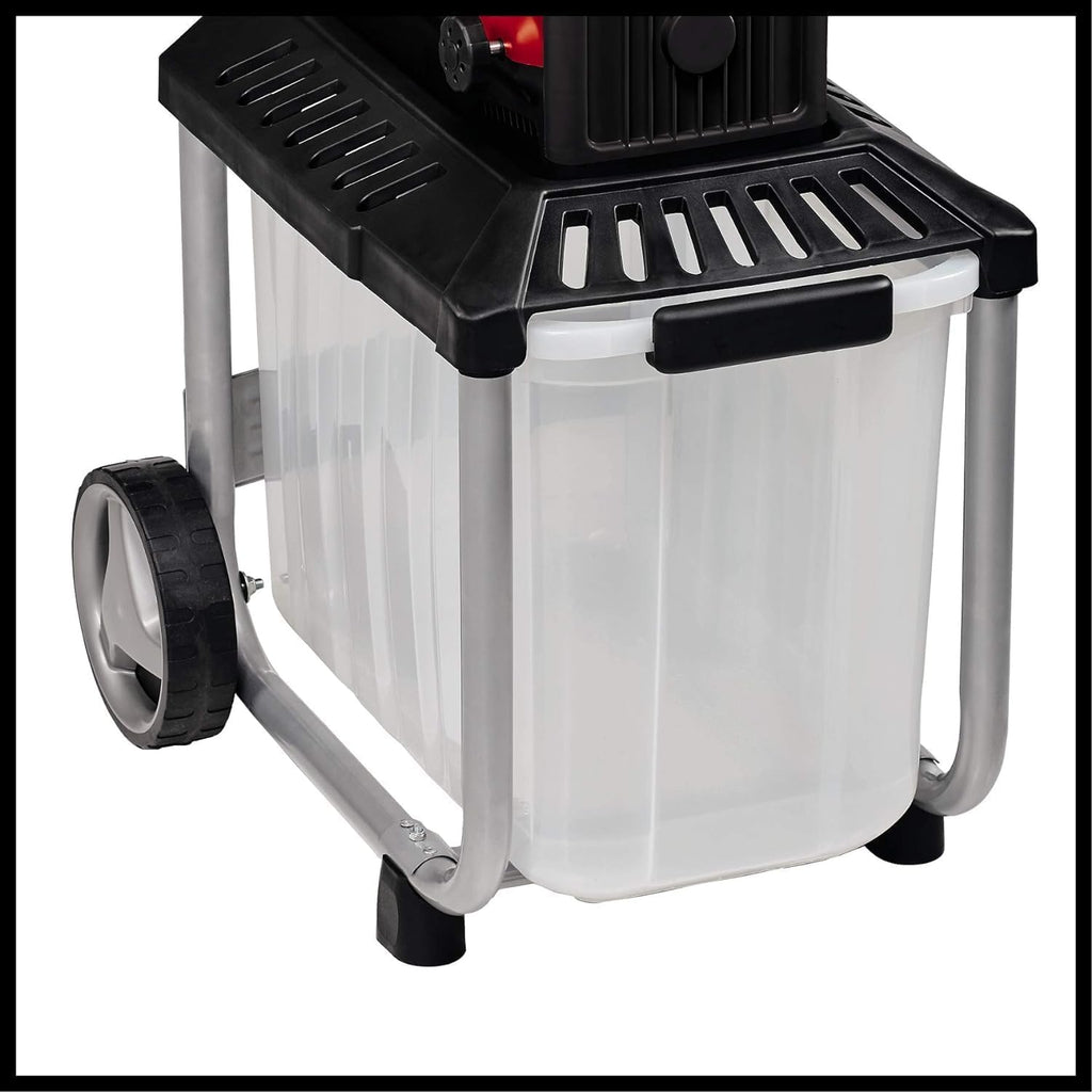 Trituratore elettrico silenzioso Einhell GC-RS 60 CB (2800 W, diametro rami max. 45 mm, rullo trituratore, ampia apertura dell'imbuto, interruttore inversione di marcia, cassetta di raccolta trasparente da 60 L, interruttore di sicurezza integrato)