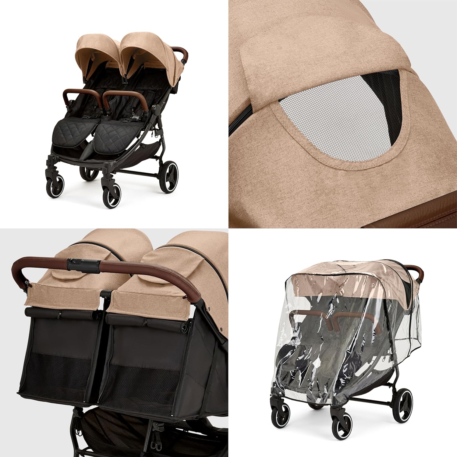 Venus Max Doppel kinderwagen - adatto dalla nascita fino a 15 kg (circa 3 anni), passeggino doppio compatto, leggero, pieghevole, inclusi parapioggia e coprigambe (Biscuit)