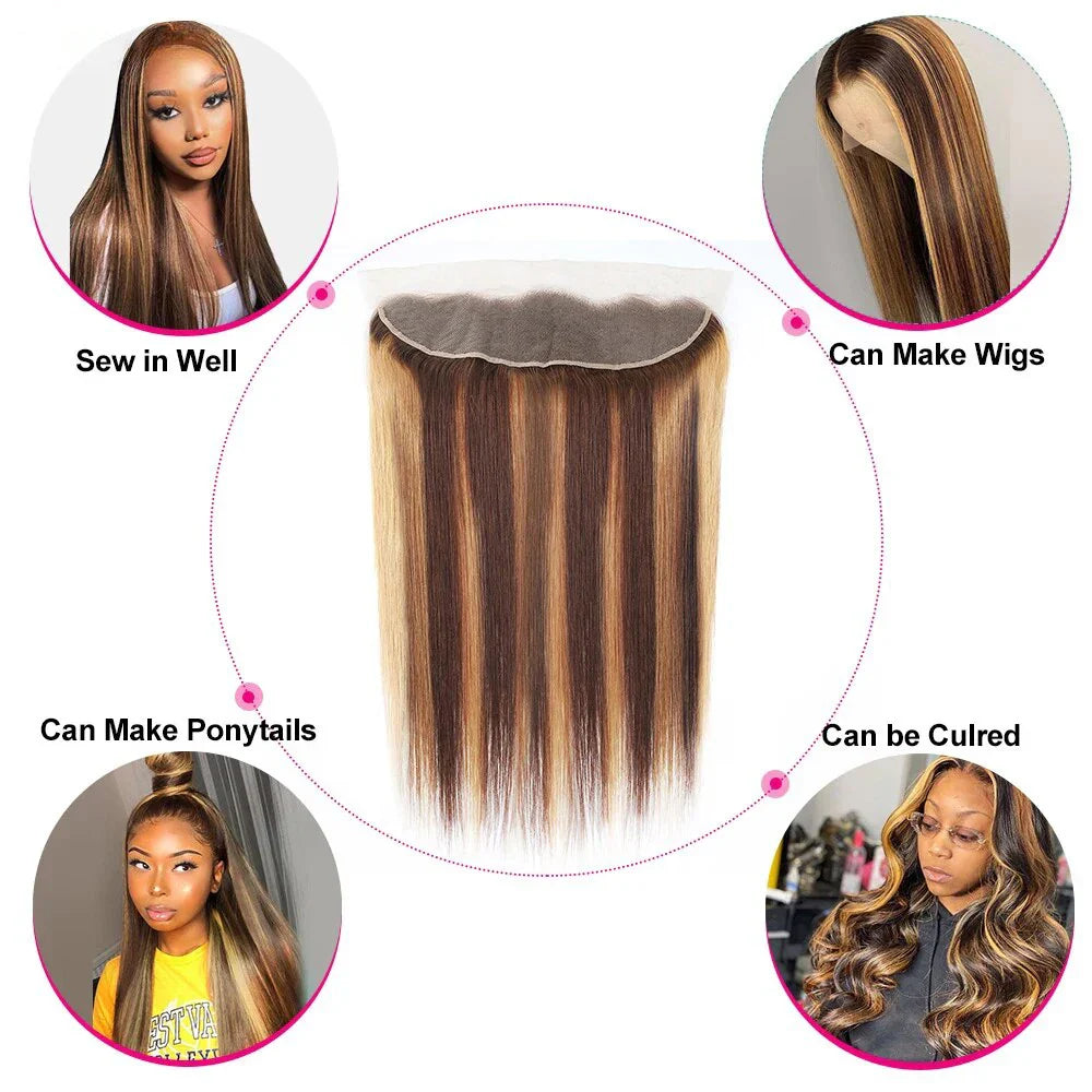 Fasci di capelli lisci brasiliani LavishBeauty con mèches P4-27 e frontal HD