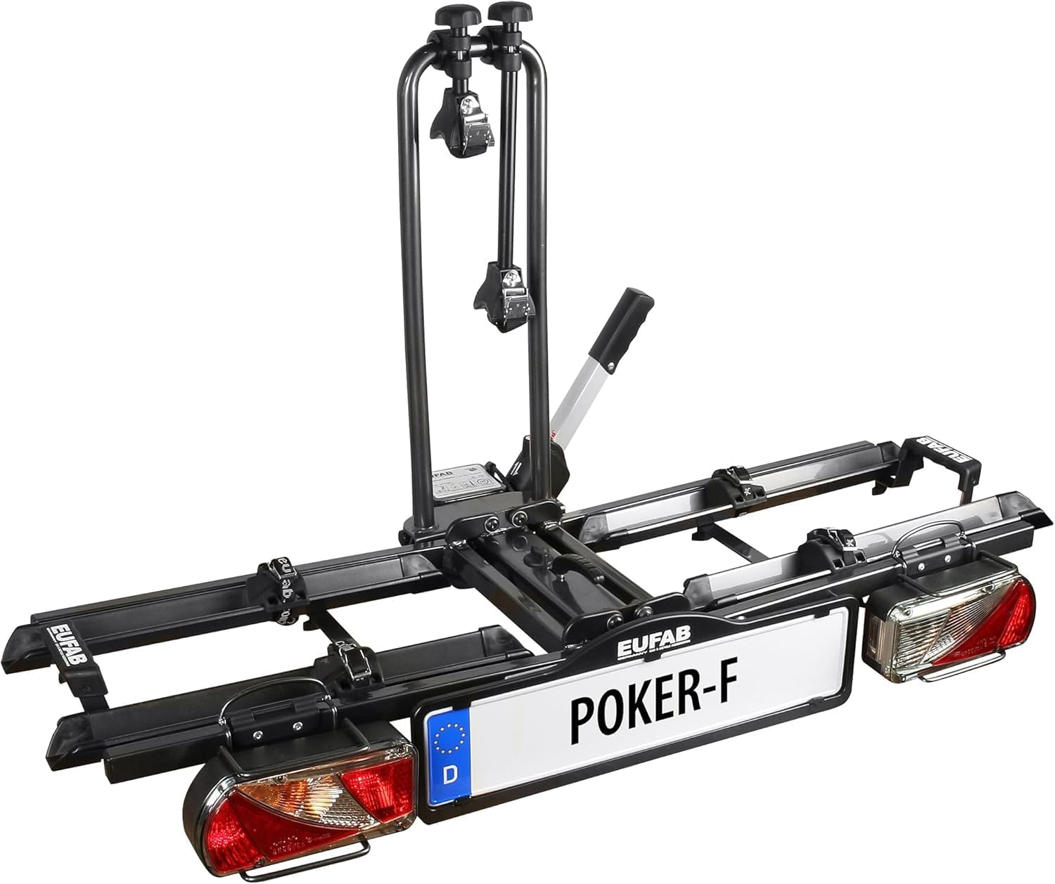 EUFAB 12010LAS Portabici POKER-F, adatto per E-Bike, completamente preassemblato, protezione antifurto, per 2 biciclette, per gancio di traino, Nero, 142 x 70 x 58 cm