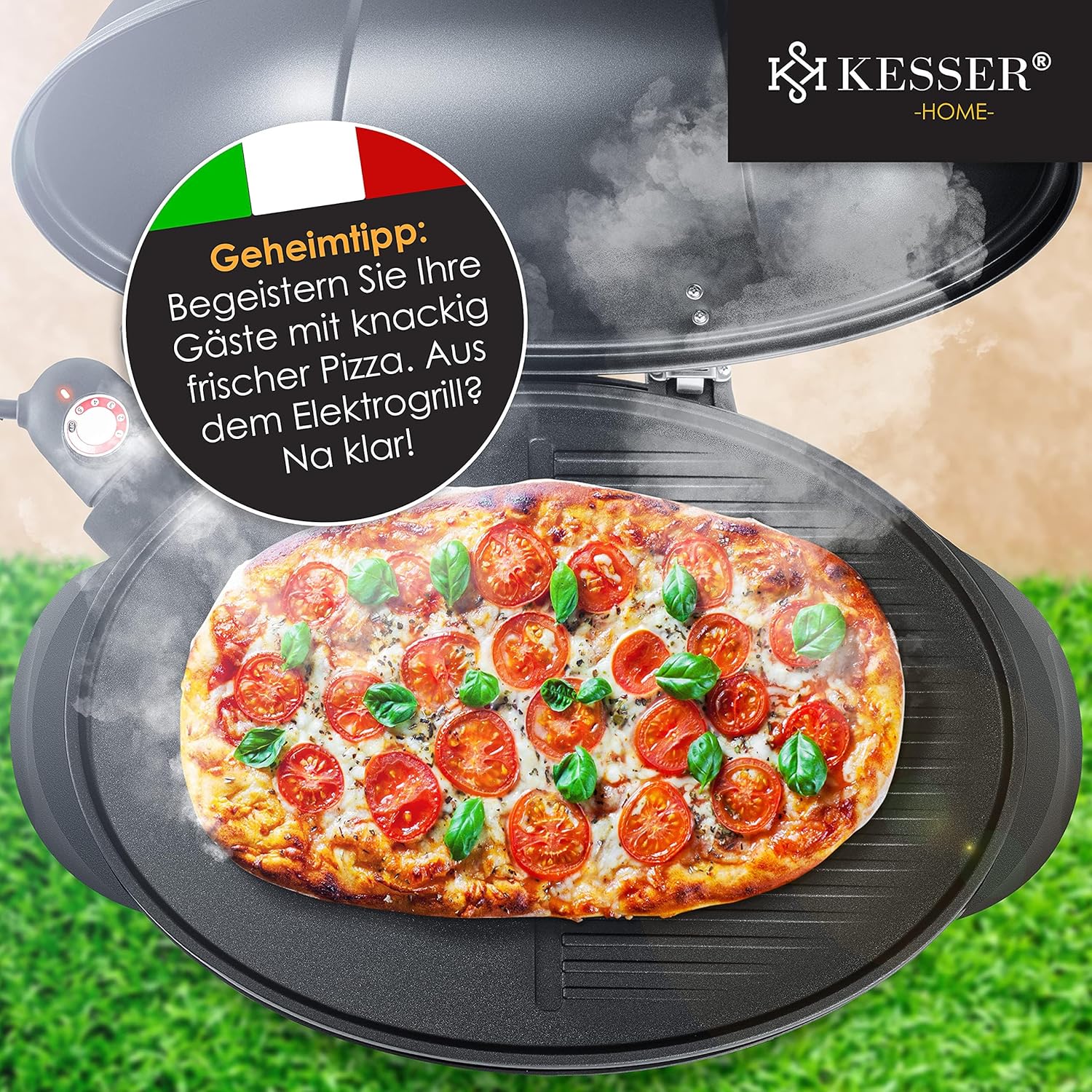 KESSER® Barbecue elettrico 2 in 1 da tavolo e da terra con coperchio, base, termometro max. 2400 Watt, piastra antiaderente XXL, ripiano, barbecue elettrico a colonna, set per barbecue incluso