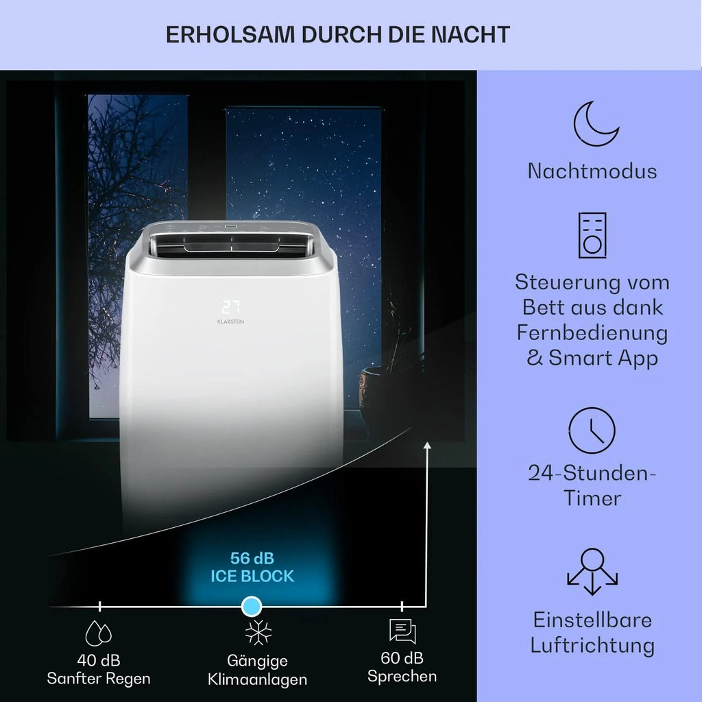Klarstein Condizionatore Portatile 3-in-1 con Tubo di Scarico, Climatizzatore con Ventilatore, Deumidificatore e Modalità Notturna, Climatizzatore Piccolo e Portatile per Casa e Ufficio, 12000 BTU Basso Consumo
