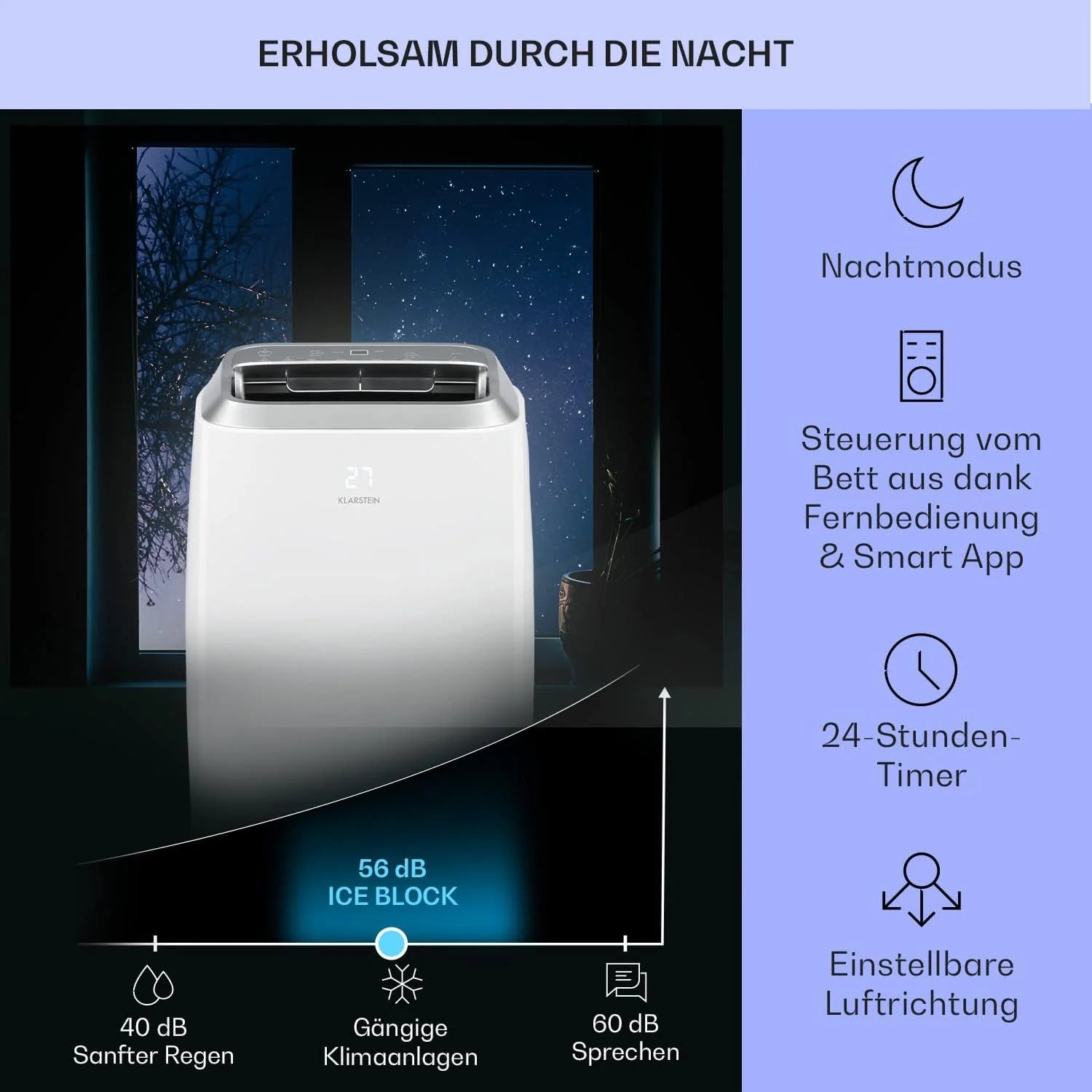Klarstein Condizionatore Portatile 3-in-1 con Tubo di Scarico, Climatizzatore con Ventilatore, Deumidificatore e Modalità Notturna, Climatizzatore Piccolo e Portatile per Casa e Ufficio, 12000 BTU Basso Consumo