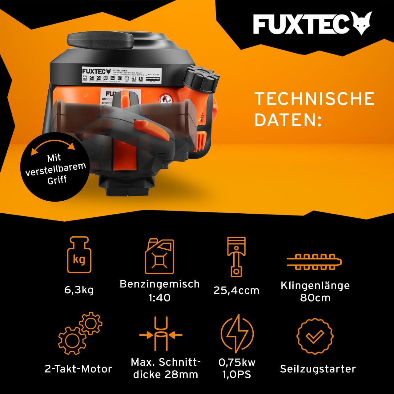 Fuxtec Benzin Heckenschere Profi FX-MHP126 mit XXL-Schwertlänge 800 mm Schwert Freischneider