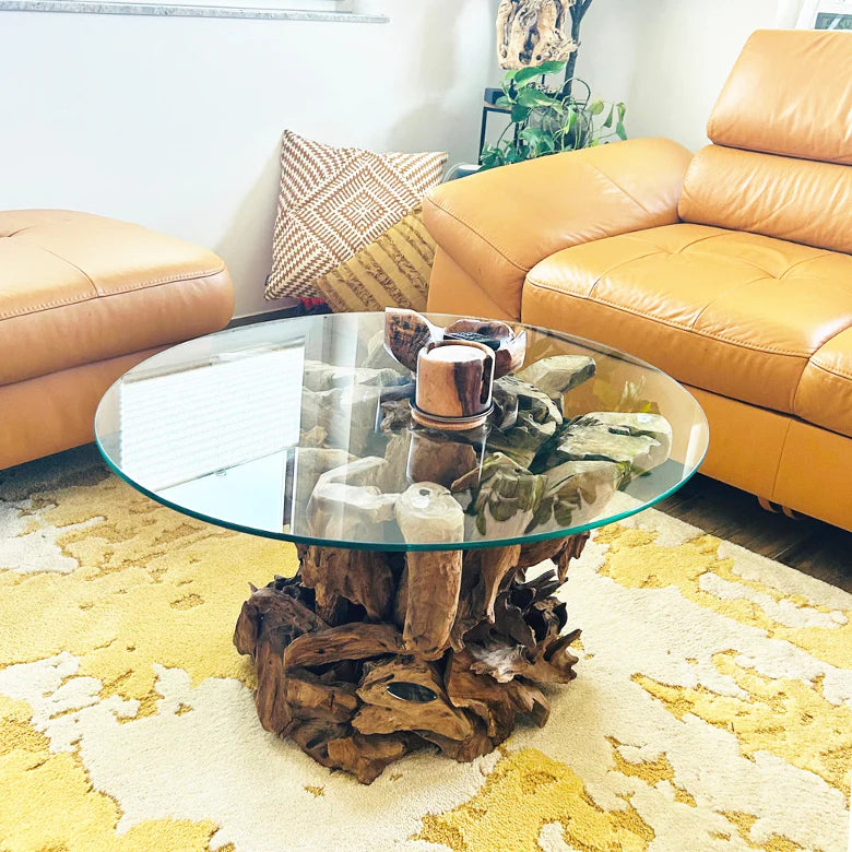 Tavolino da salotto IKAL fatto a mano in legno di radice con piano in vetro 80 cm