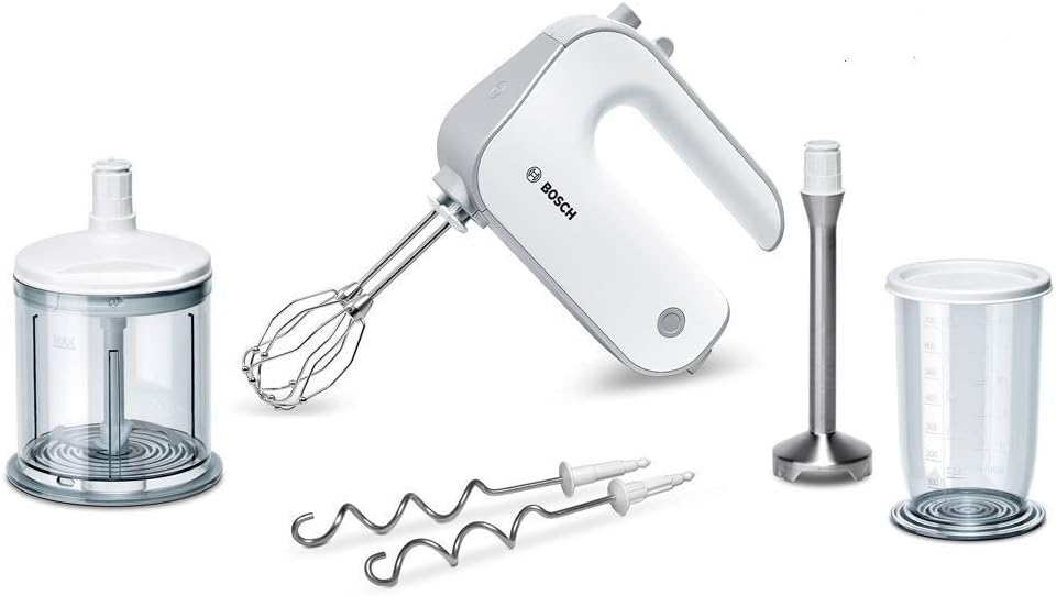 Bosch Hausgerte Handrührer Styline MFQ4080, 2 Rührbesen, 2 Edelstahl-Knethaken, spülmaschinengeeignet, Zerkleinerer, Pürierstab, 5 Stufen plus Turbostufe, 500 W, wei/silber