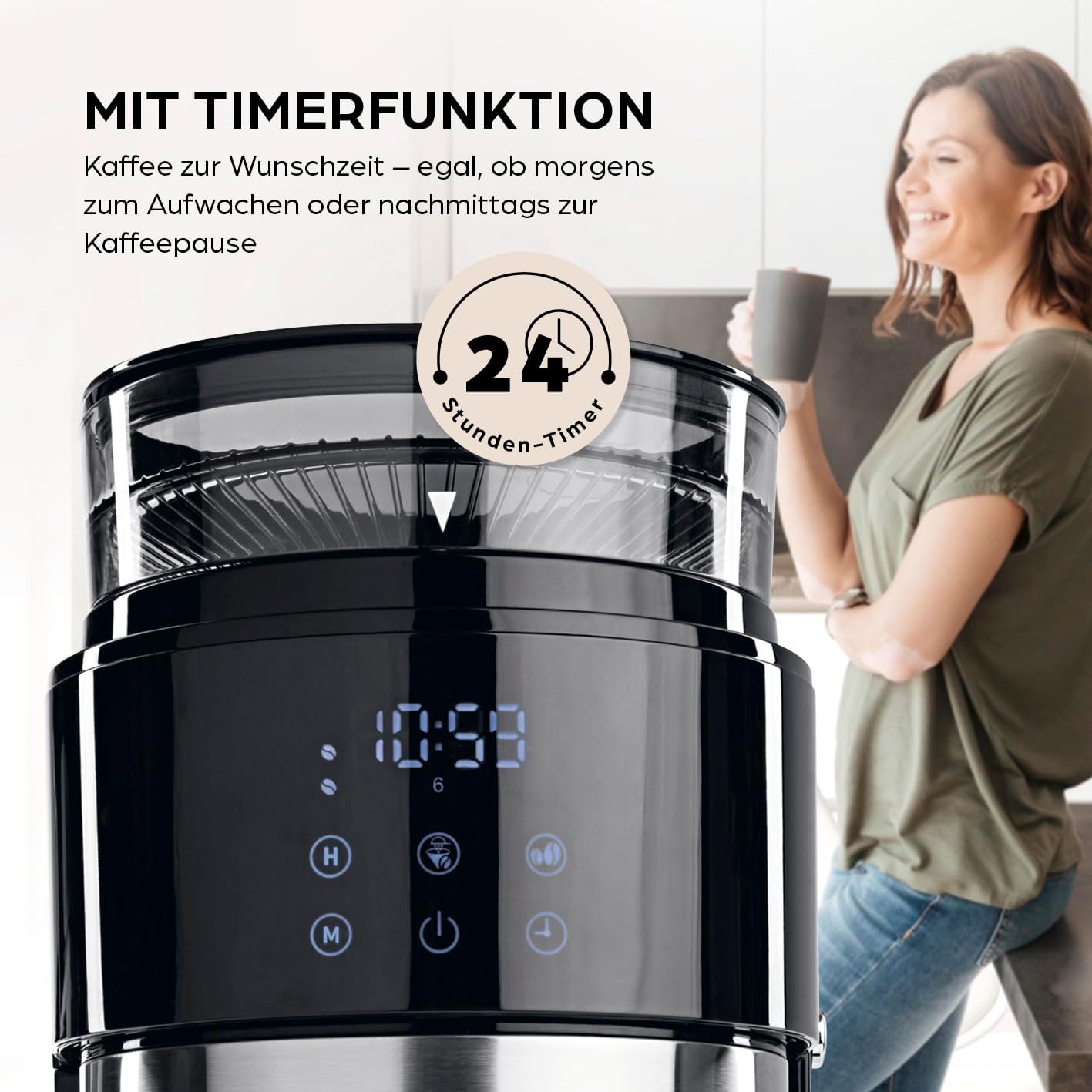 Barista Kaffeemaschine mit Mahlwerk | Filterkaffeemaschine mit Glaskanne | 900W Filtermaschine mit Touchdisplay & Timerfunktion für bis zu 10 Tassen | 1,25 Liter Kaffeekanne | Für Bohnen & Pulver