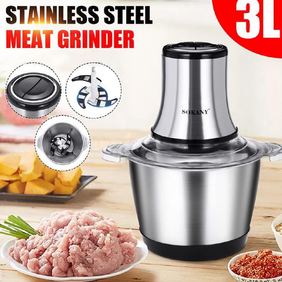 SOKANY Tritacarne Elettrico da Cucina 1500W con Ciotola in Acciaio Inox da 6,5L, Tritatutto con 3 Livelli di Velocità, Robot da Cucina con 4 Lame per Carne, Cipolle, Frutta, Verdura