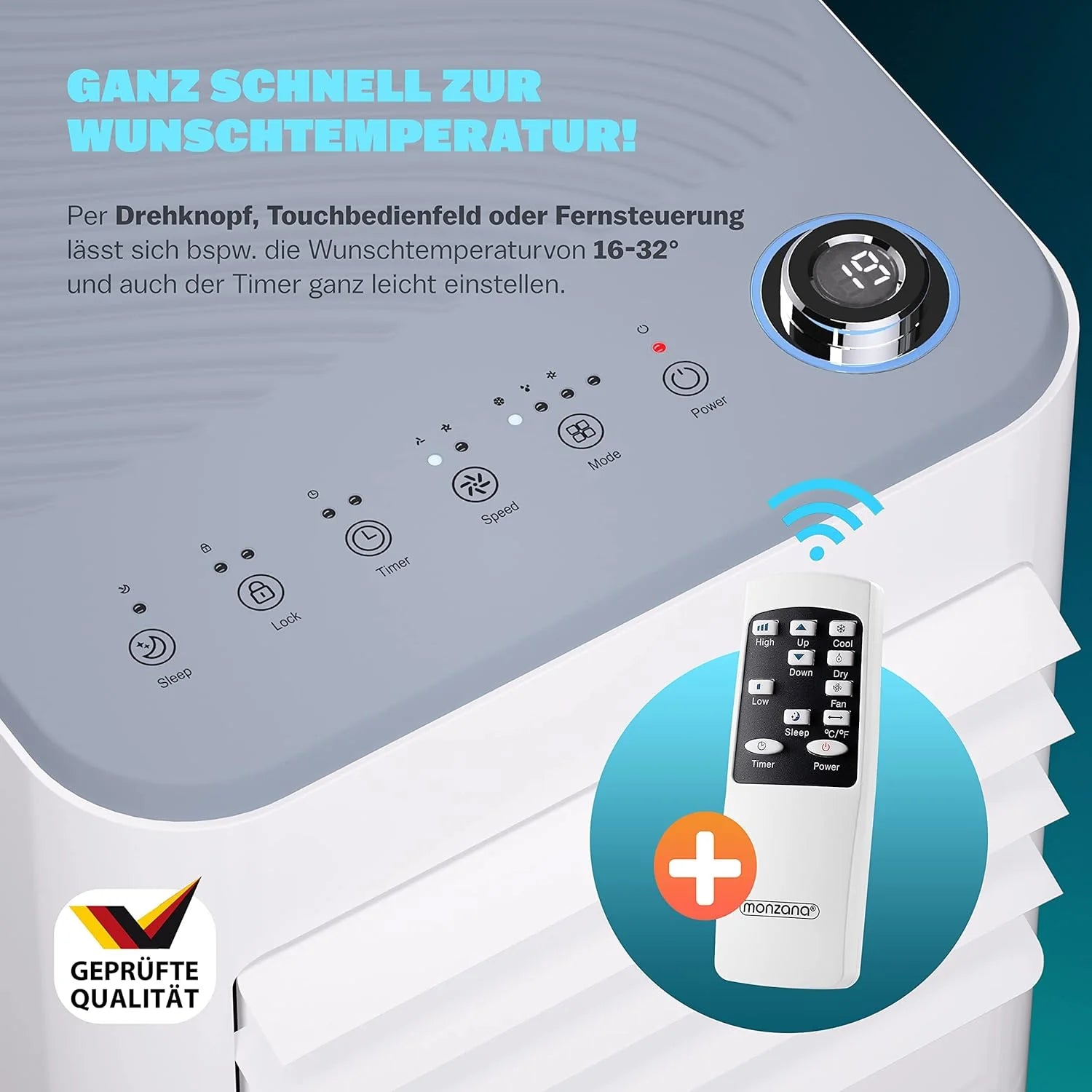 Condizionatore portatile Monzana® MZKA2000 con tubo di scarico 7000BTU 3in1 750W Timer 24h 25mq Telecomando Deumidificatore Kit di serrande Aria condizionata