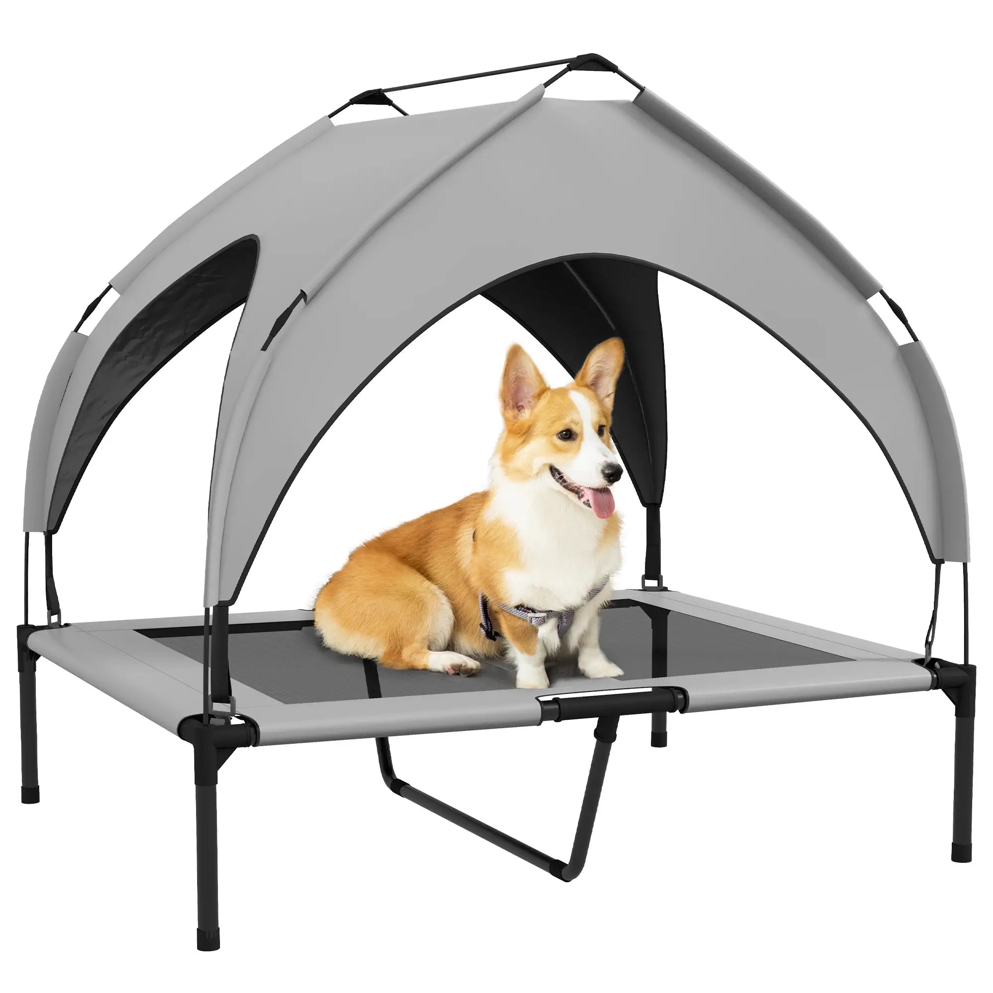 PawHut Cuccia Rialzata per Cani da Esterno con Tettoia – Grigio Chiaro, Traspirante