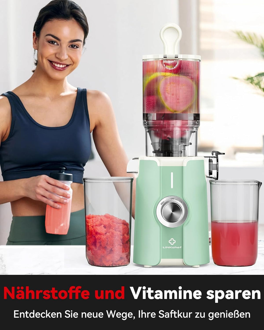 LINKChef Schnellreinigungs Entsafter, NO-Prep Entsafter Gemüse und Obst, Blitzreiniger Saftpresse Slow Juicer Testsieger mit Einfacher Installation, BPA Frei, 115mm, 1.2L, 200w Schwarz