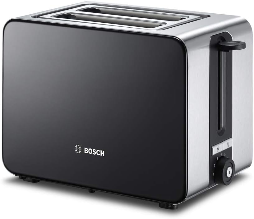 Bosch TAT7203 Tostapane compatto, funzione scongelamento/riscaldamento, 1050 W, acciaio inox/nero e bollitore senza fili, spegnimento automatico, protezione surriscaldamento, selezione temperatura, 1,5 L, 2400 W, nero
