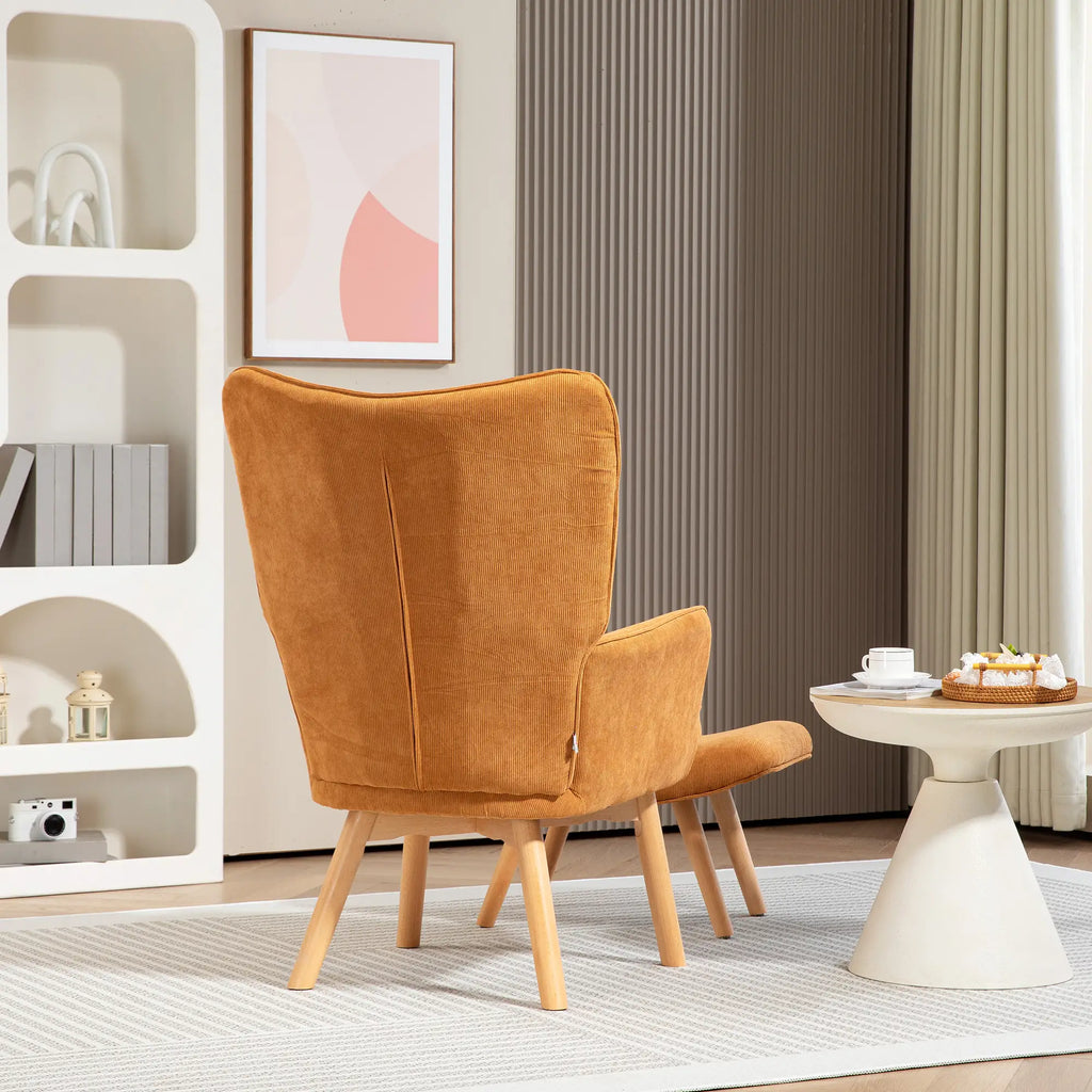HOMCOM Poltrona Relax con Poggiapiedi, Set Poltrona Bergère in Legno di Faggio Effetto Velluto a Coste Marrone