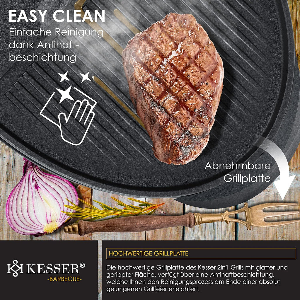 KESSER® elektrischer Elektrogrill 2in1 Tischgrill - Standgrill mit Deckel und Standfuß | max. 2400 Watt | Faltbar | Thermostat | Antihaftbeschichtung | Grillplatte Abstelltische | 2 Räder |