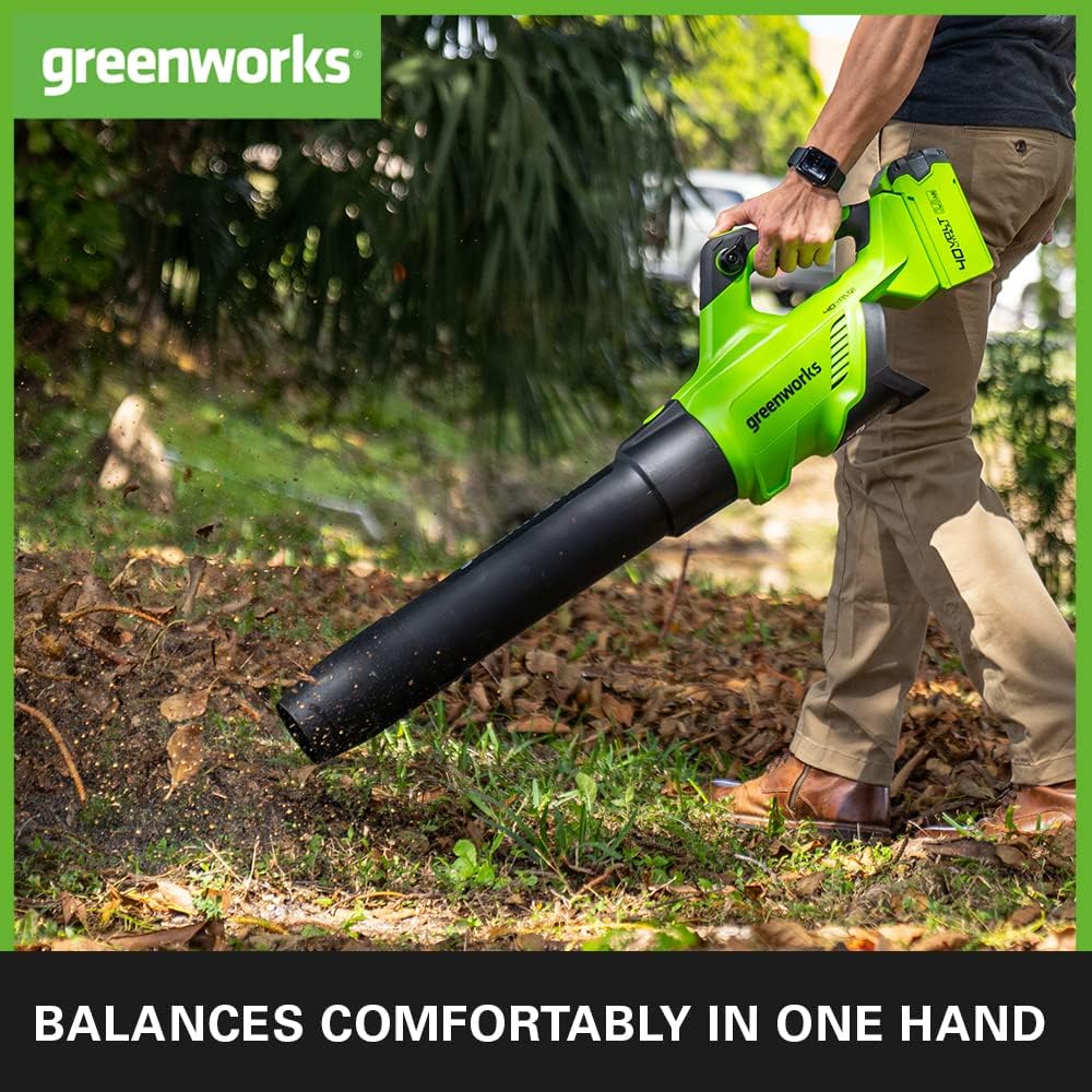 Greenworks GD40ABK2X Axial Akku Laubbläser mit bürstenlosem Motor, 210 km/h, 15,6 m³/min, zwei 40V 2Ah Akkus & Ladegerät, 3 Jahre Garantie