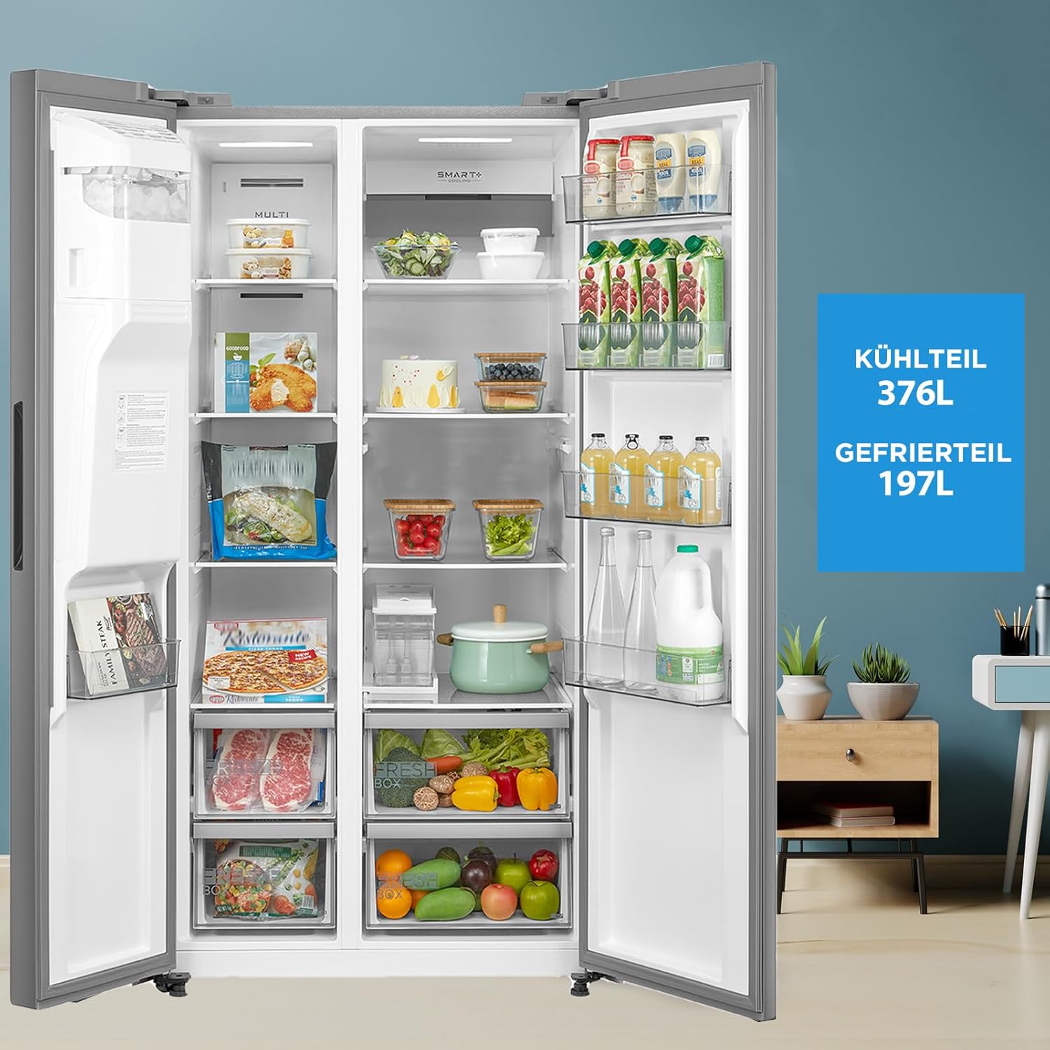 Midea KS-DDX 6.32 WT Frigorifero Side-by-Side con Congelatore/Altezza 178,8 cm/254 kWh/anno/No Frost/Compressore Dual Inverter/con Distributore di Acqua e Ghiaccio 3-in-1 e Serbatoio d'Acqua, Inox Scuro